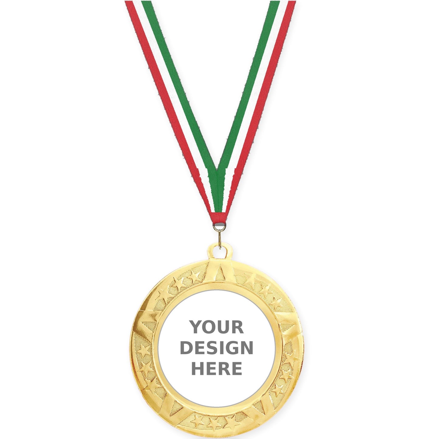 2 3/4 inch Superstar insert medal in gold with Red White Green neck ribbon