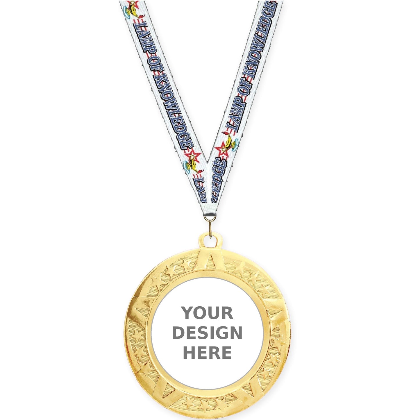 2 3/4 inch Superstar insert medal in gold with Lamp Of Knowledge neck ribbon