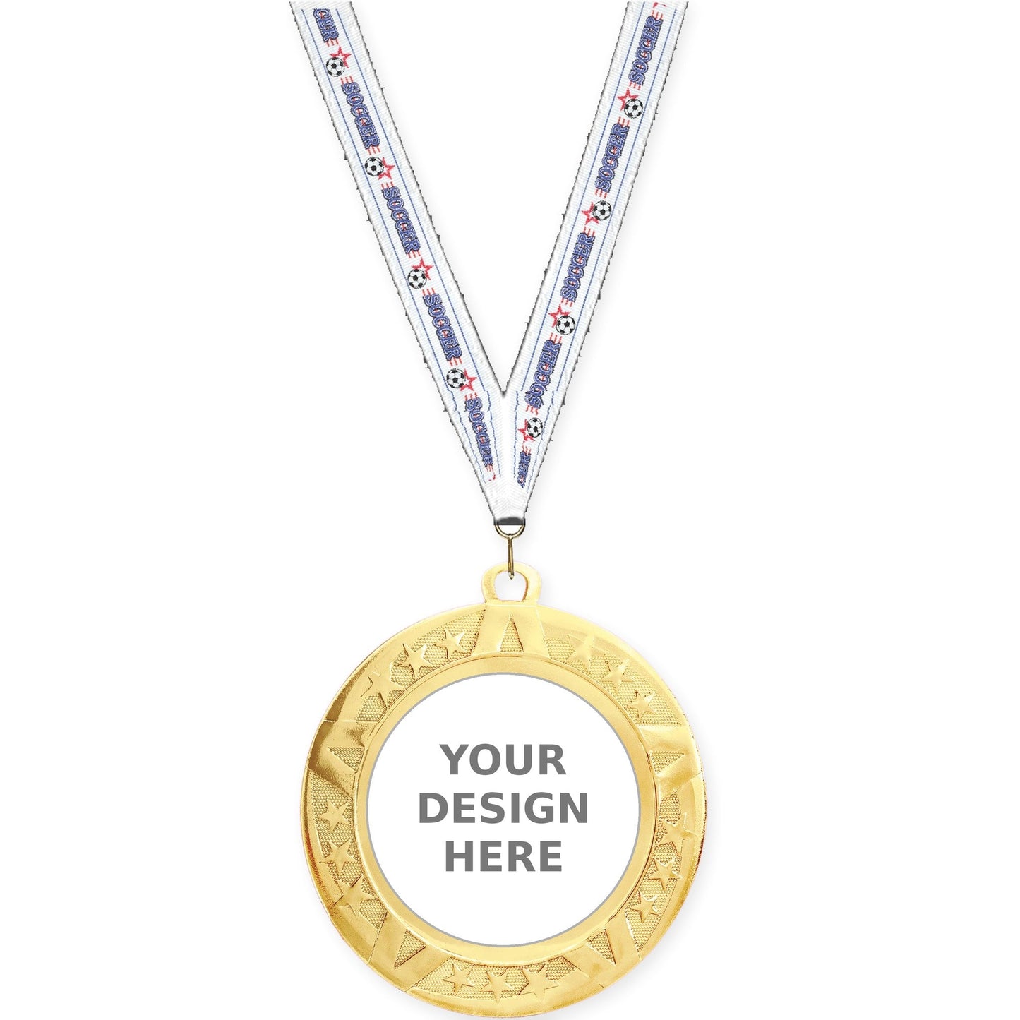 2 3/4 inch Superstar insert medal in gold with Soccer neck ribbon