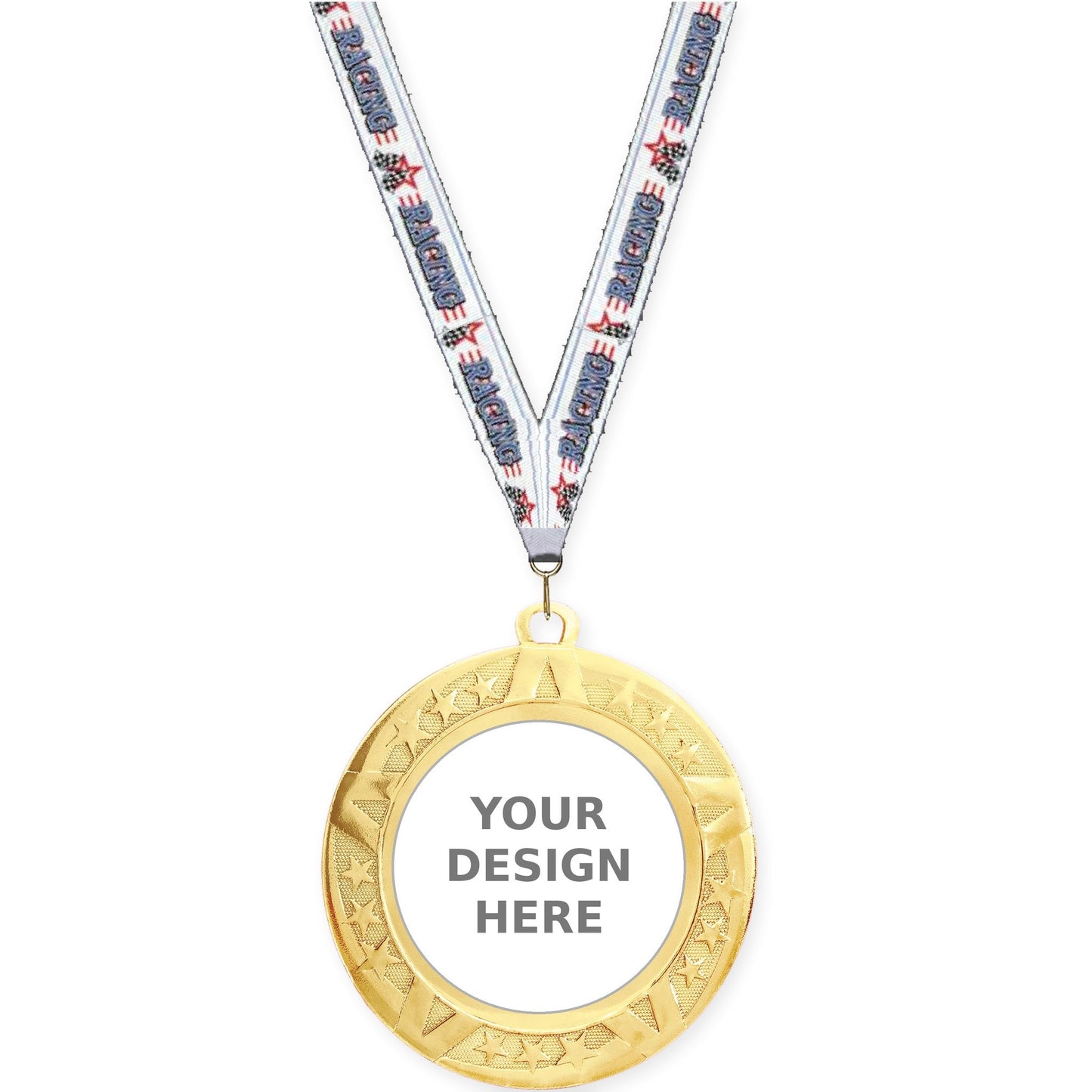 2 3/4 inch Superstar insert medal in gold with Auto Racing neck ribbon