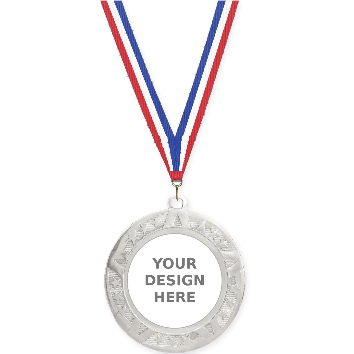 2 3/4 inch Superstar insert medal in silver with Red White Blue neck ribbon