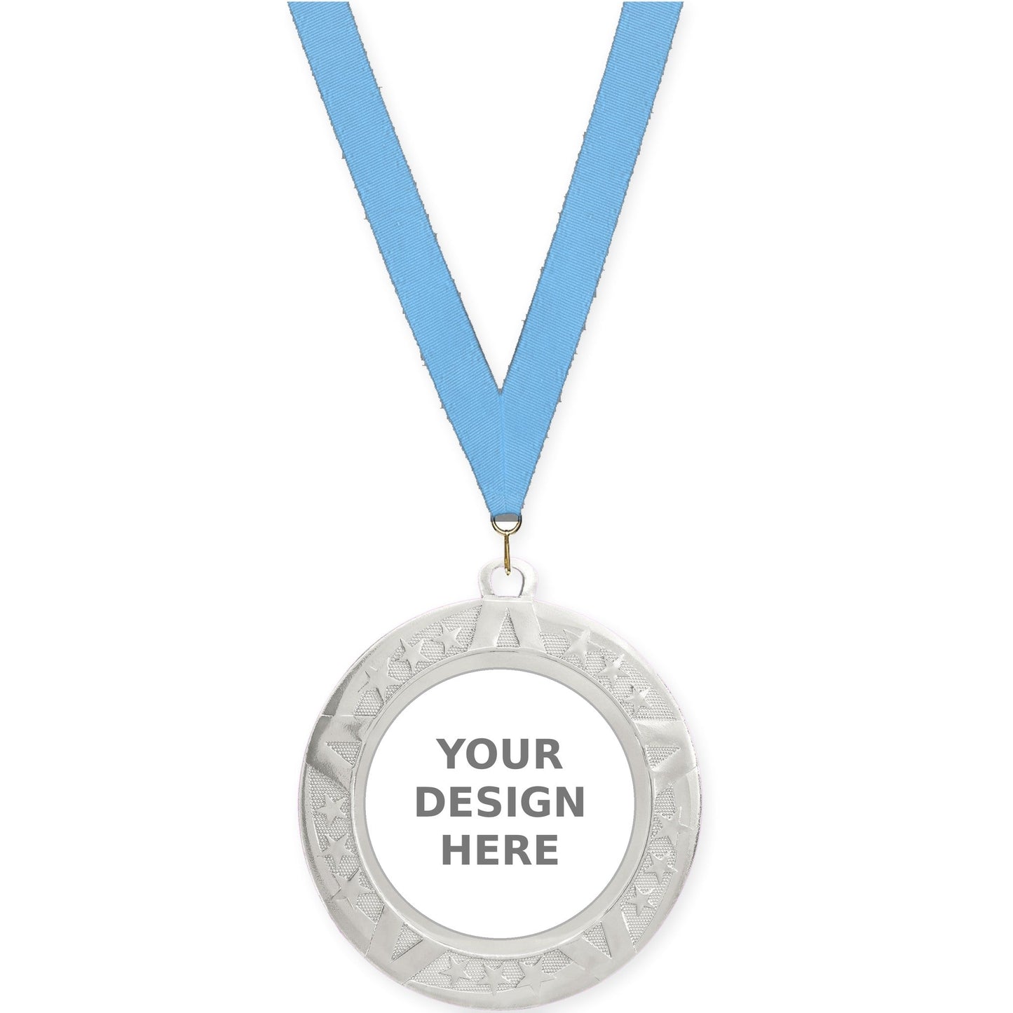 2 3/4 inch Superstar insert medal in silver with Light Blue neck ribbon