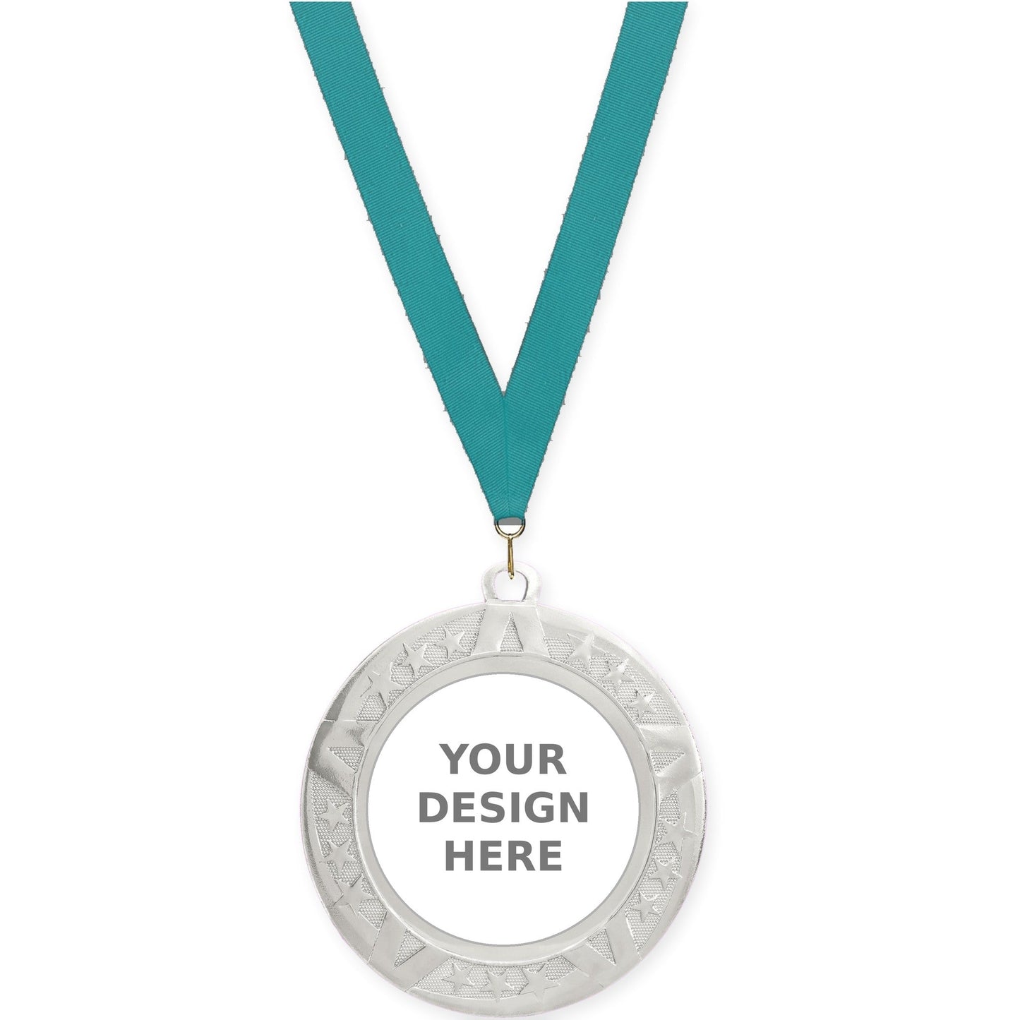 2 3/4 inch Superstar insert medal in silver with Teal neck ribbon
