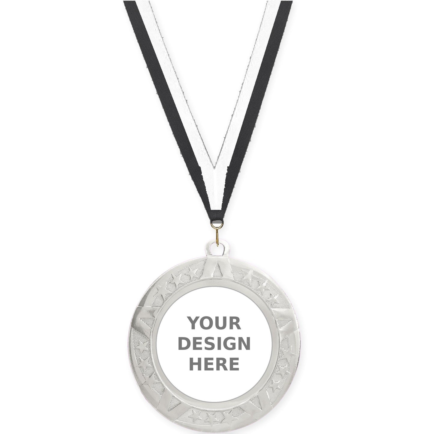 2 3/4 inch Superstar insert medal in silver with Black White neck ribbon