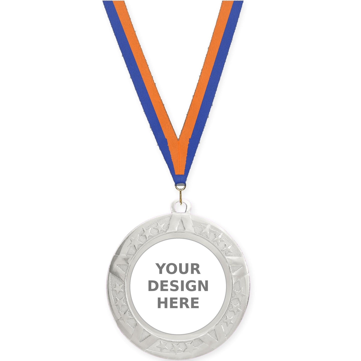 2 3/4 inch Superstar insert medal in silver with Blue Orange neck ribbon