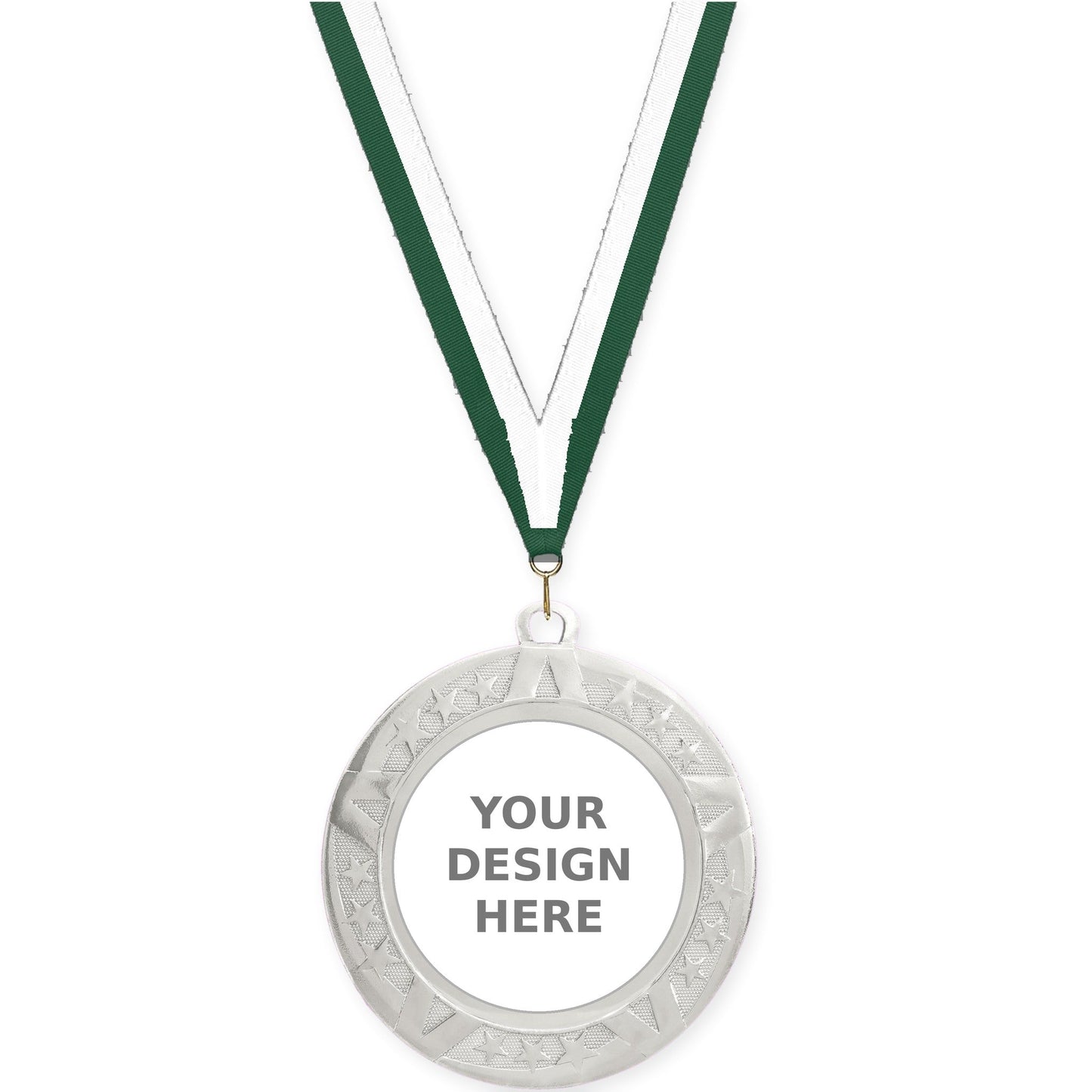2 3/4 inch Superstar insert medal in silver with Hunter Green White neck ribbon