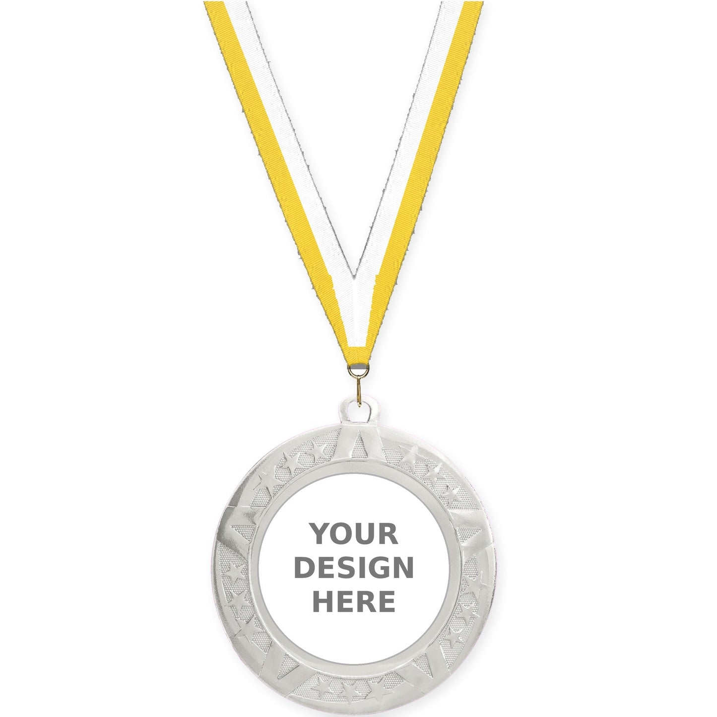 2 3/4 inch Superstar insert medal in silver with Yellow White neck ribbon