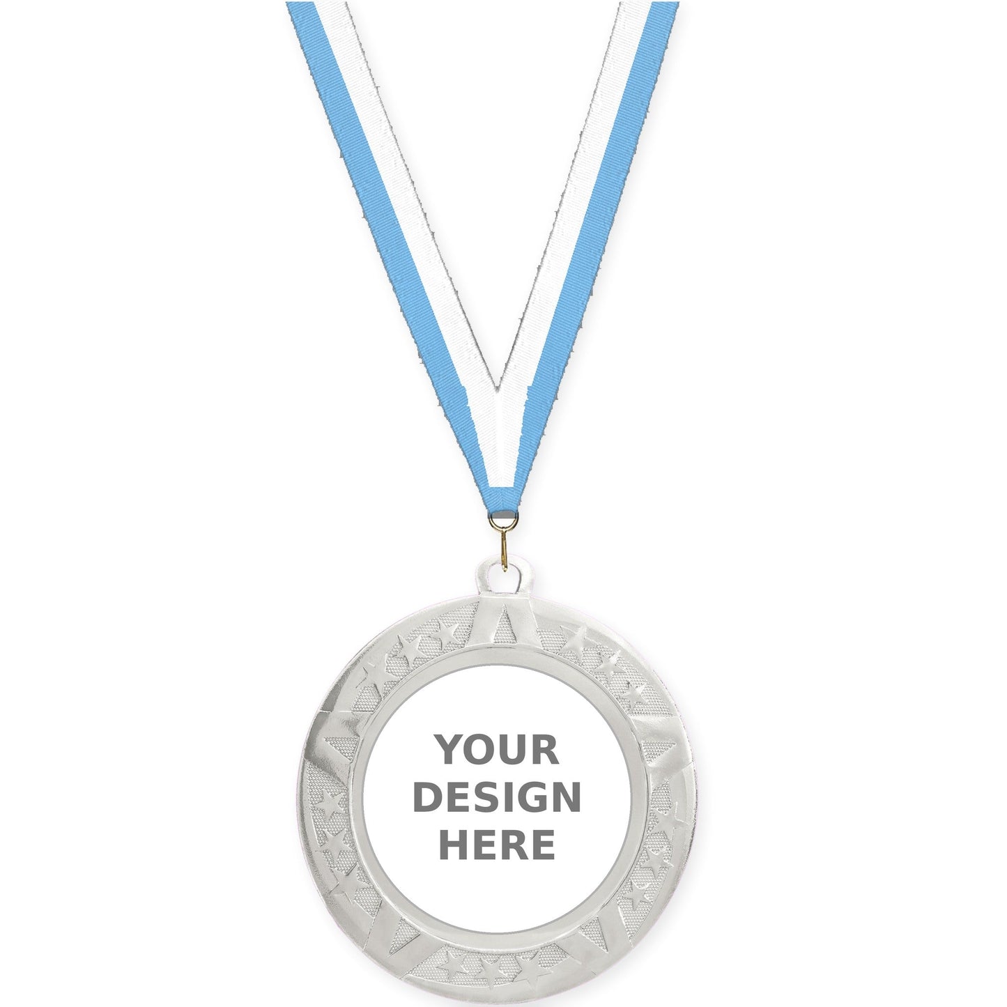 2 3/4 inch Superstar insert medal in silver with Light Blue White neck ribbon