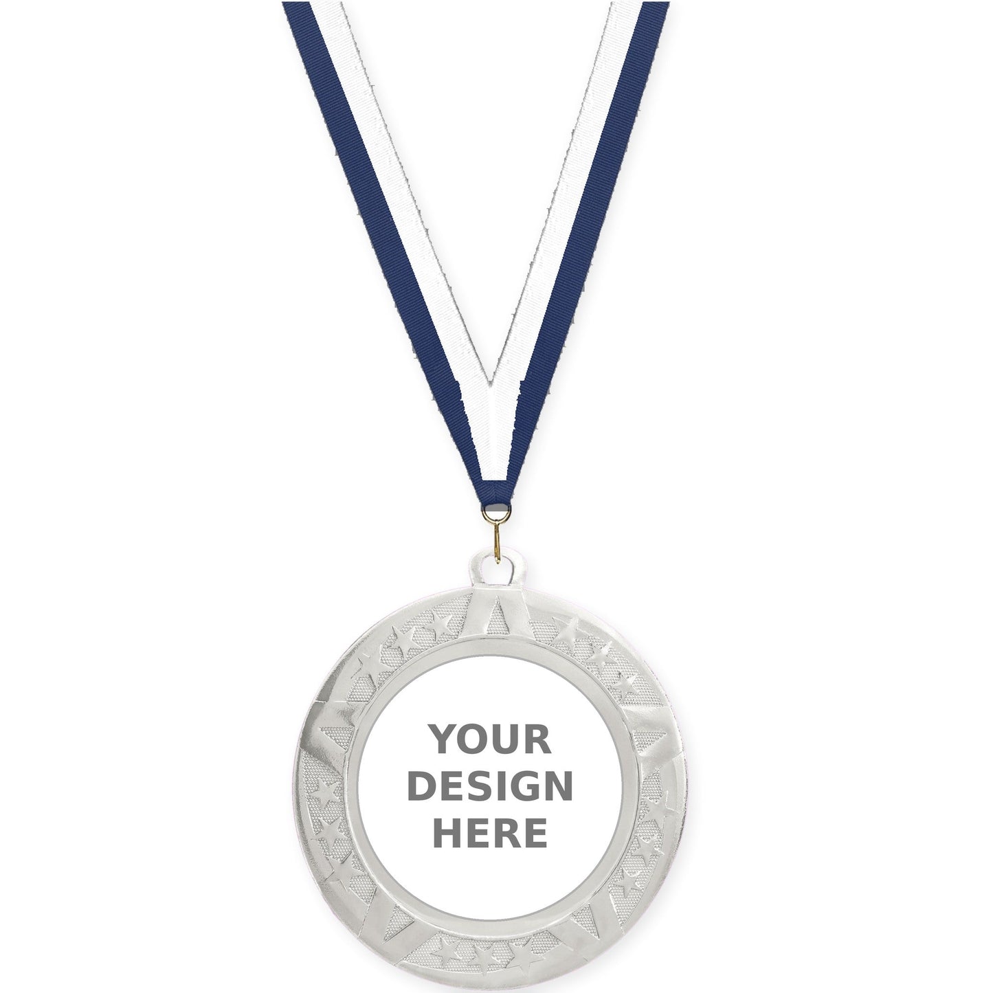 2 3/4 inch Superstar insert medal in silver with Navy White neck ribbon
