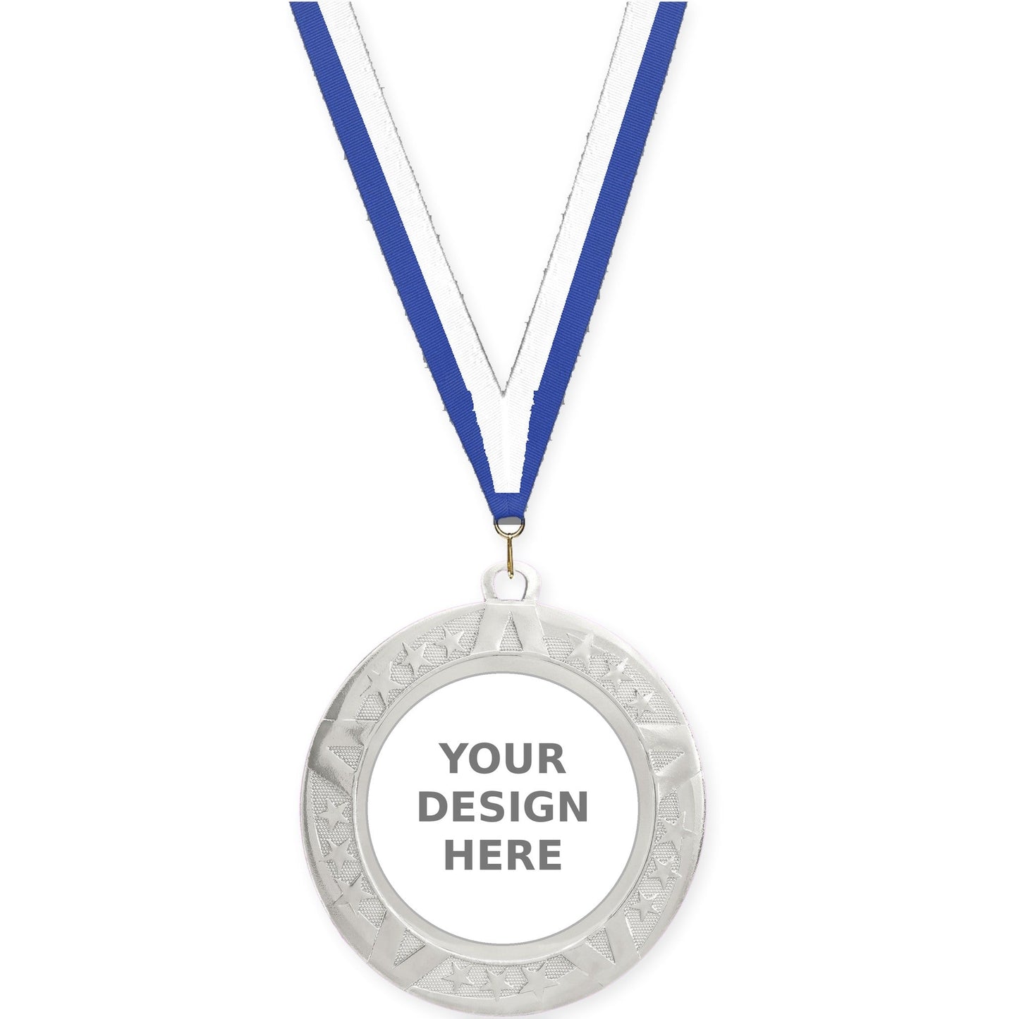 2 3/4 inch Superstar insert medal in silver with Blue White neck ribbon
