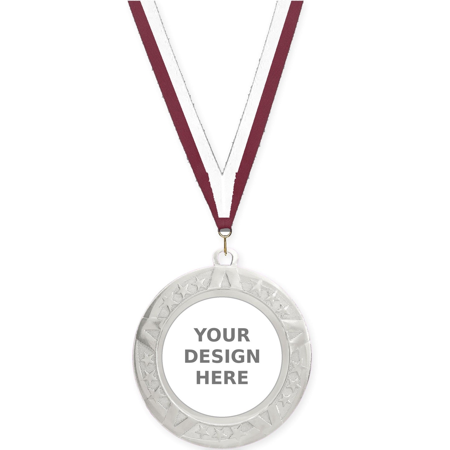 2 3/4 inch Superstar insert medal in silver with Maroon White neck ribbon