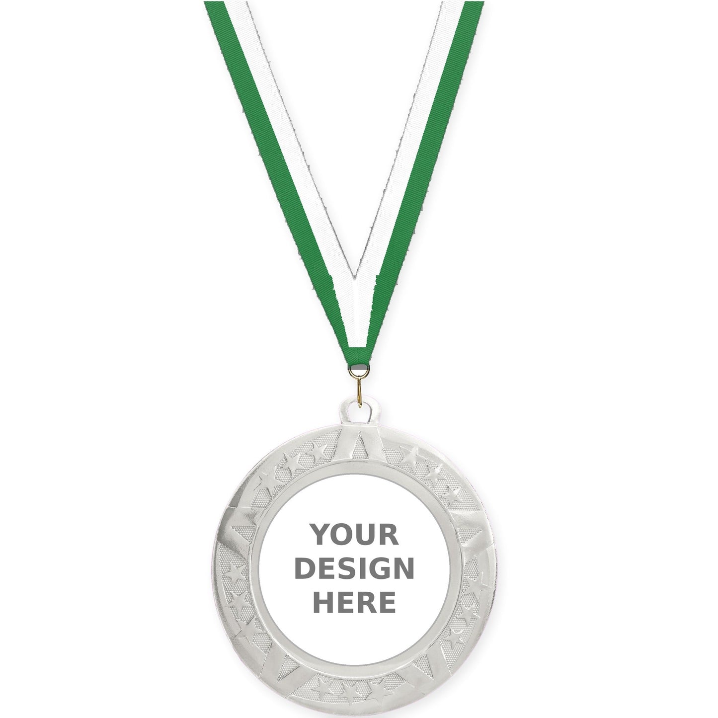 2 3/4 inch Superstar insert medal in silver with Green White neck ribbon