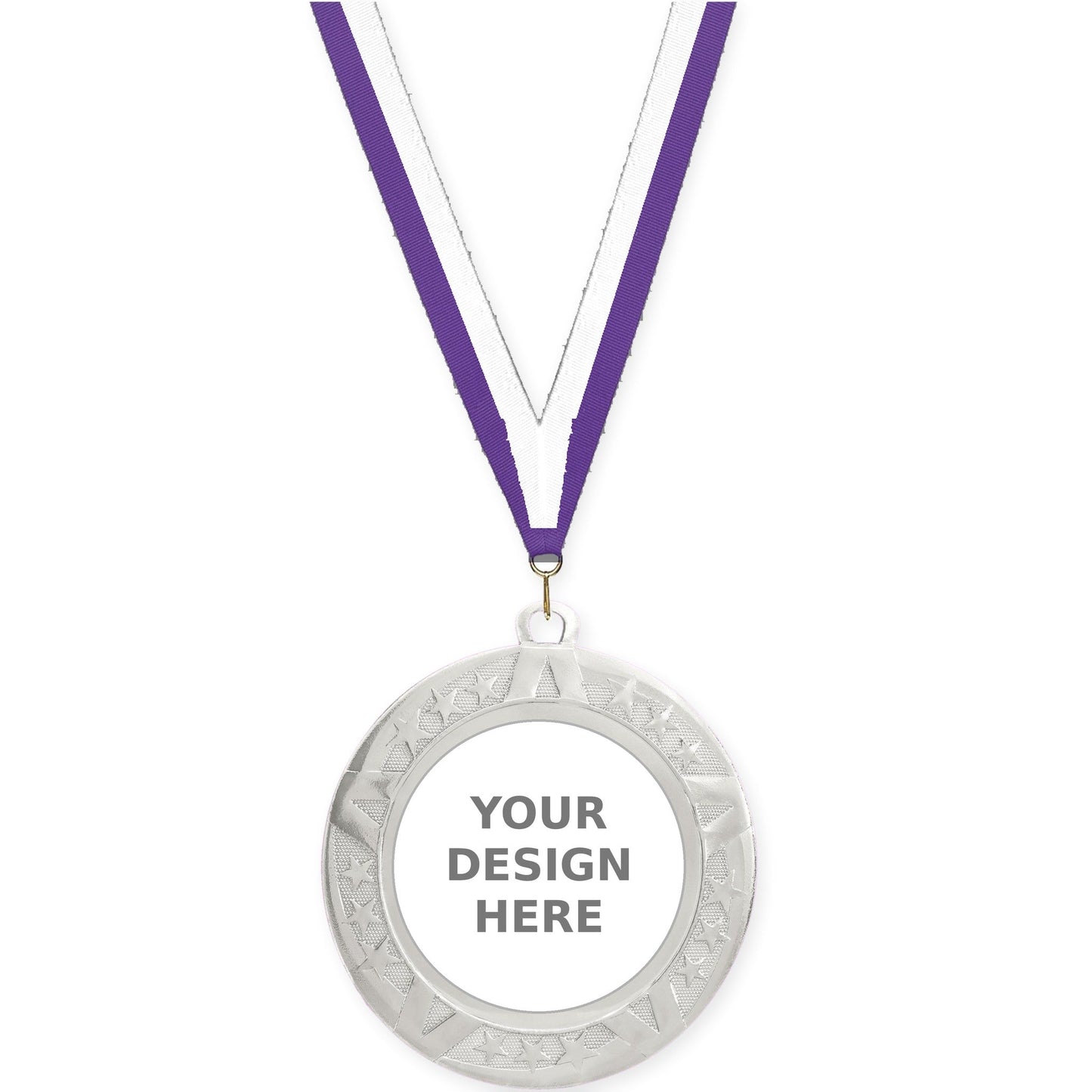 2 3/4 inch Superstar insert medal in silver with Purple White neck ribbon