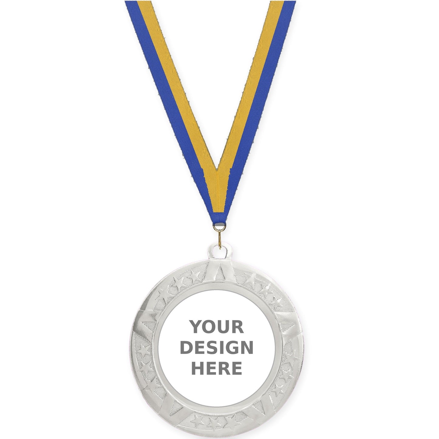 2 3/4 inch Superstar insert medal in silver with Blue Gold neck ribbon