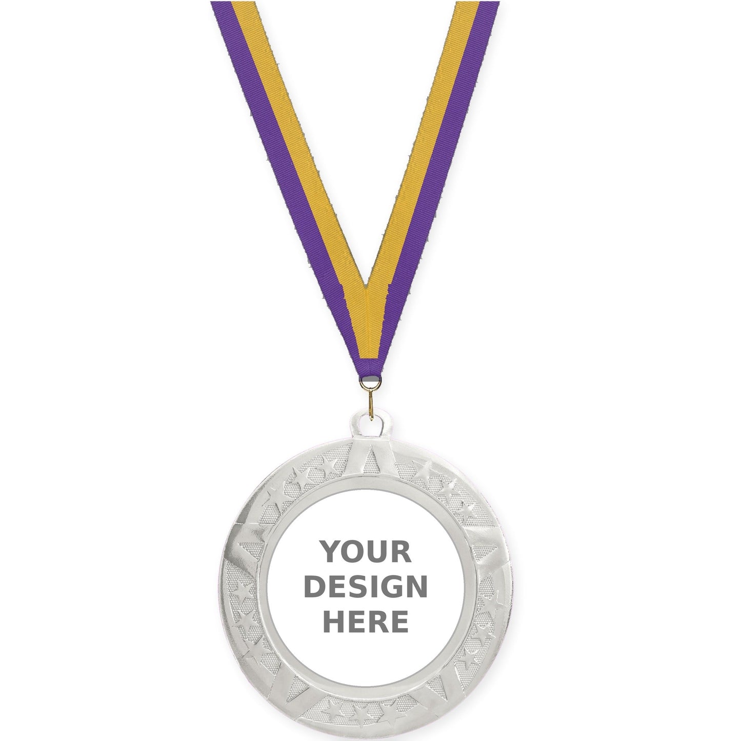 2 3/4 inch Superstar insert medal in silver with Purple Gold neck ribbon