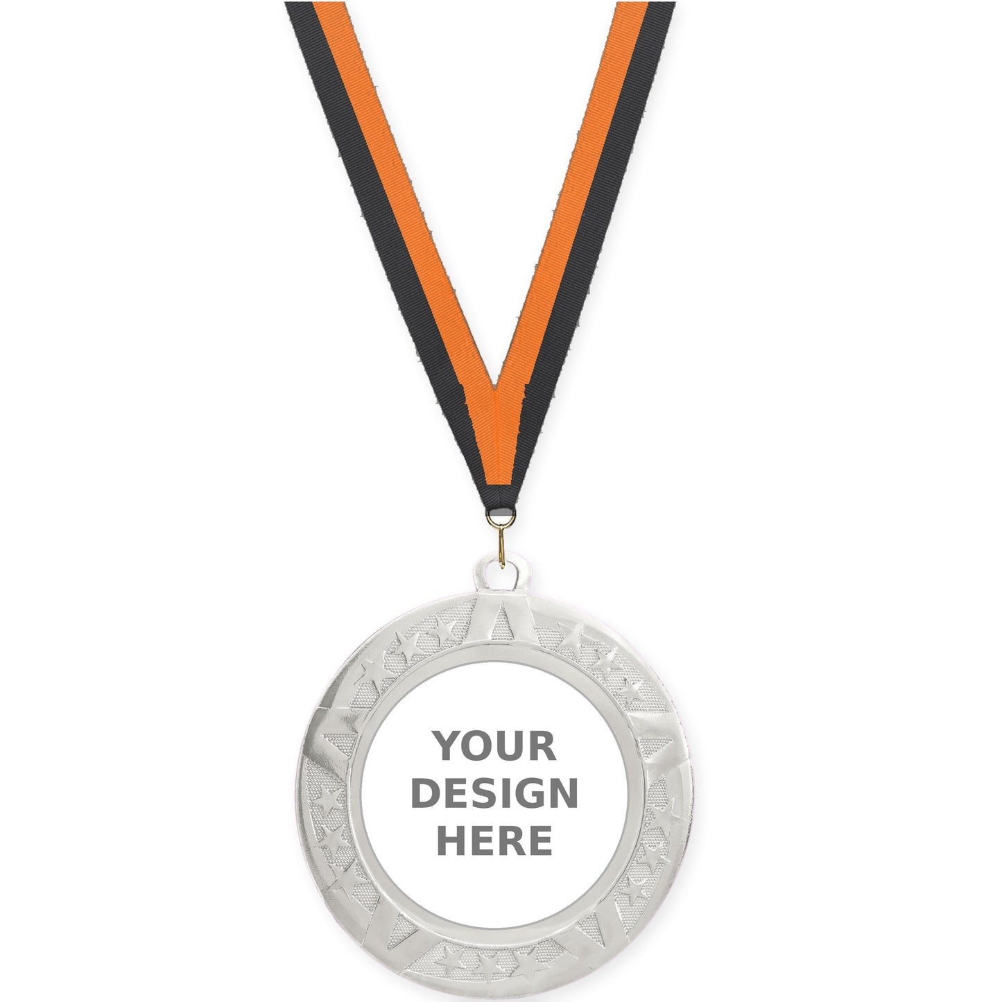 2 3/4 inch Superstar insert medal in silver with Black Orange neck ribbon