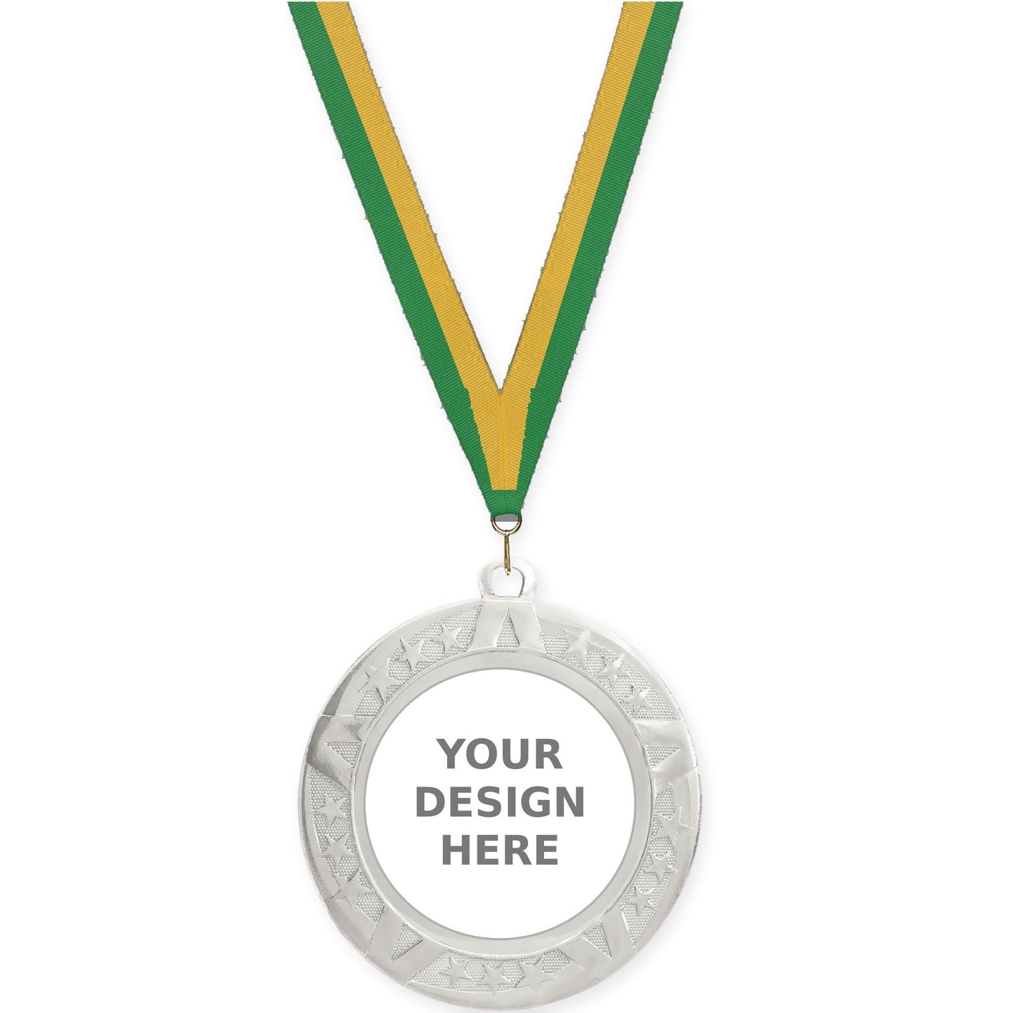 2 3/4 inch Superstar insert medal in silver with Green Gold neck ribbon