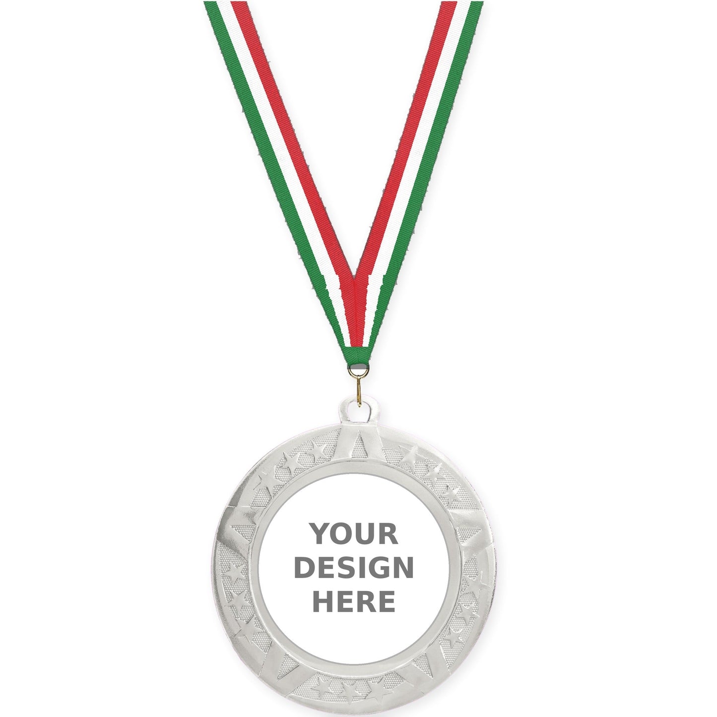 2 3/4 inch Superstar insert medal in silver with Green White Red neck ribbon