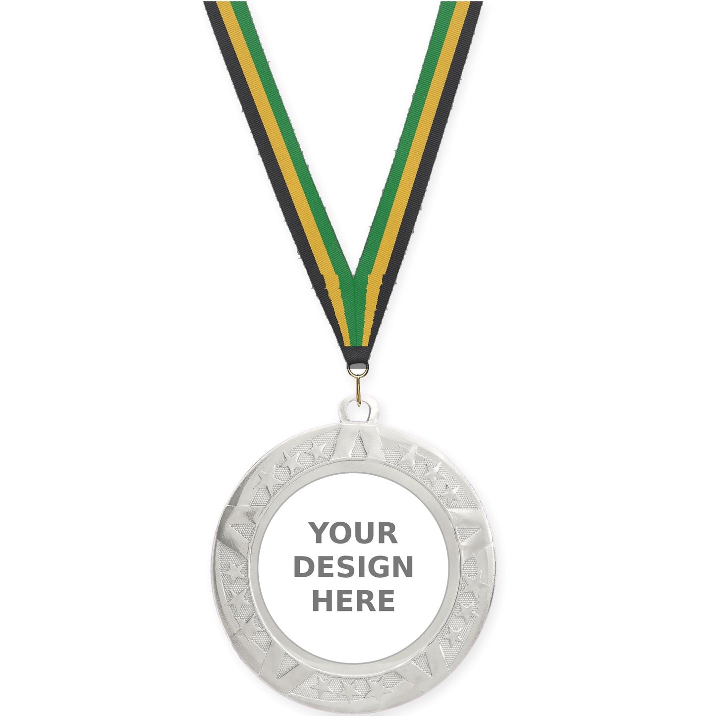 2 3/4 inch Superstar insert medal in silver with Black Gold Green neck ribbon