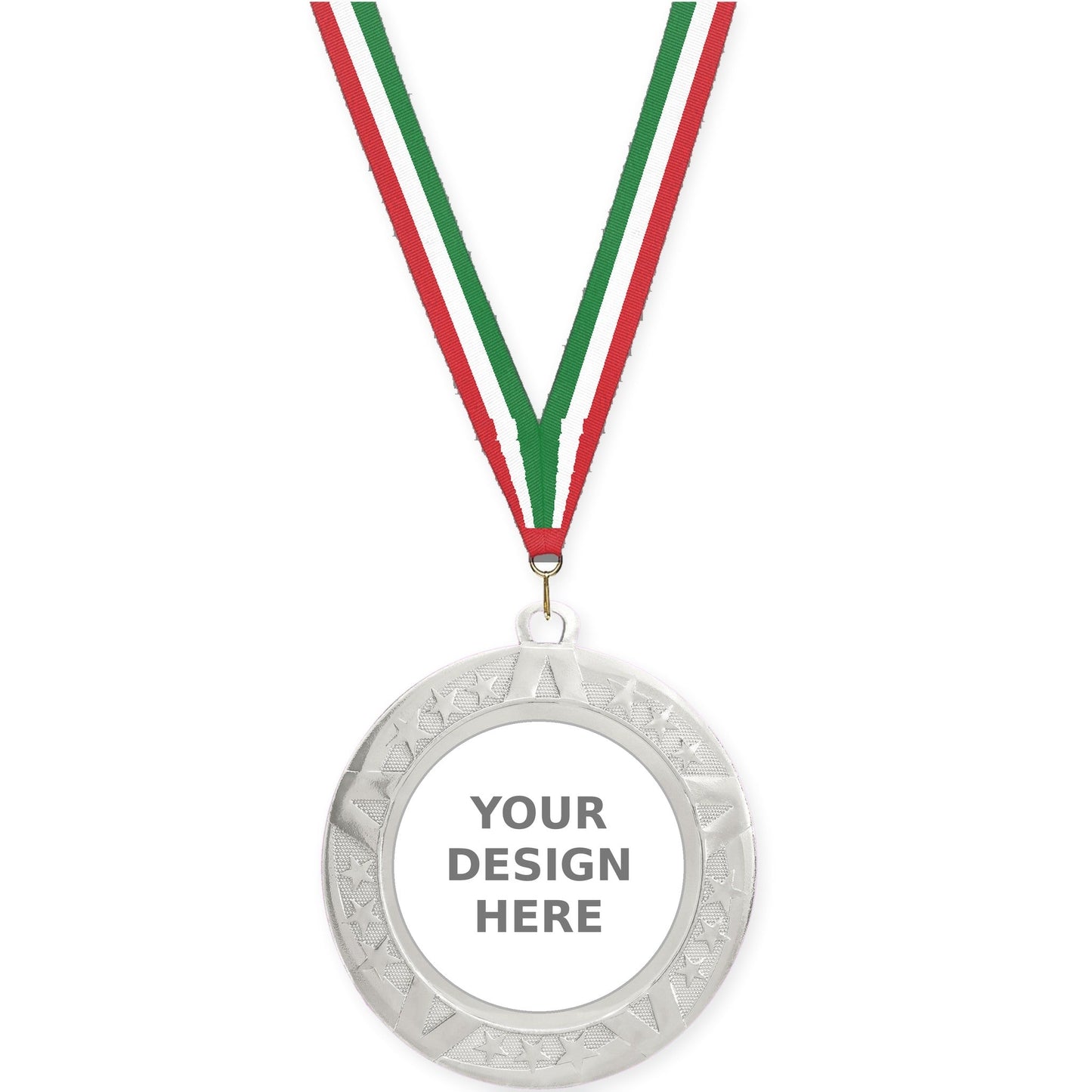 2 3/4 inch Superstar insert medal in silver with Red White Green neck ribbon