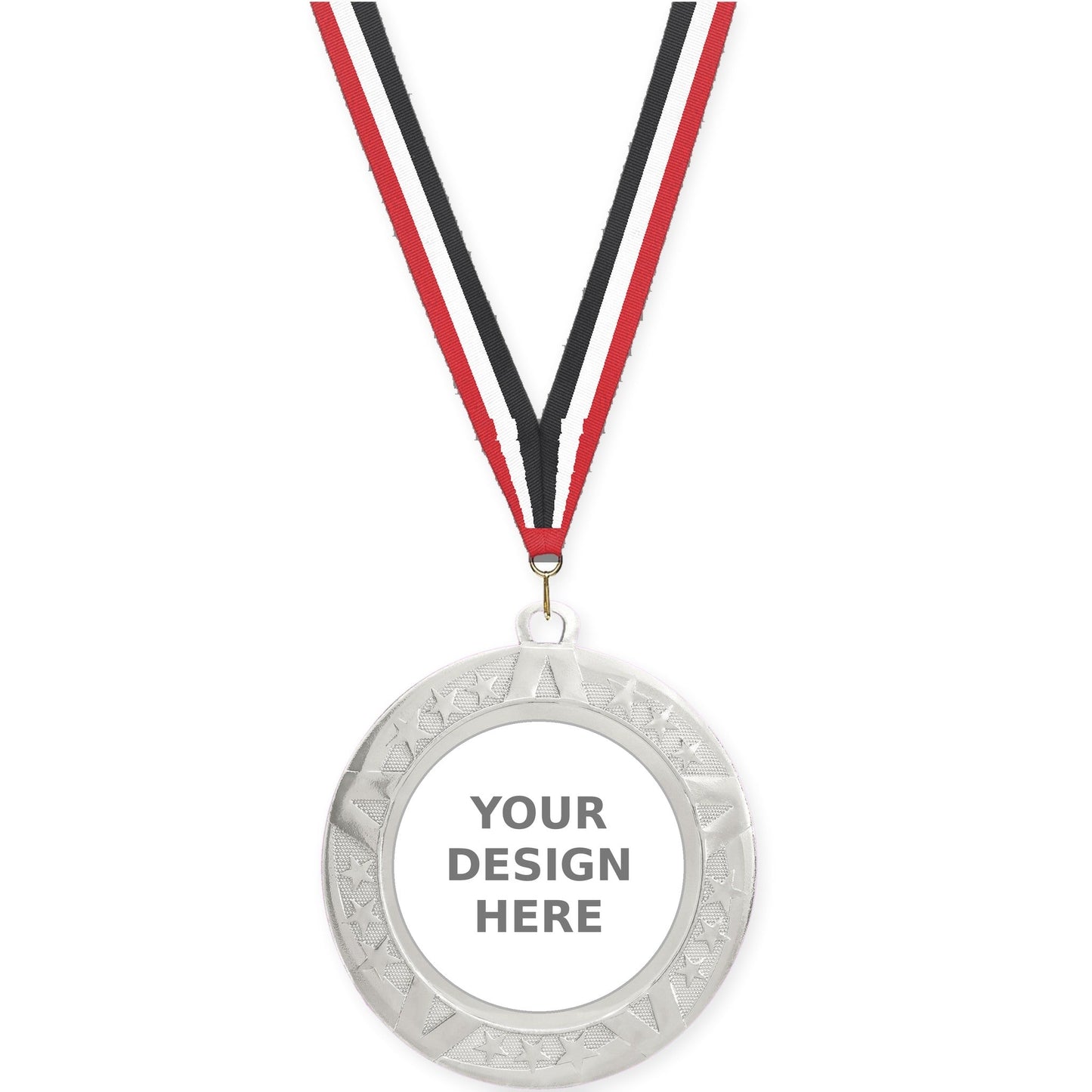 2 3/4 inch Superstar insert medal in silver with Red White Black neck ribbon