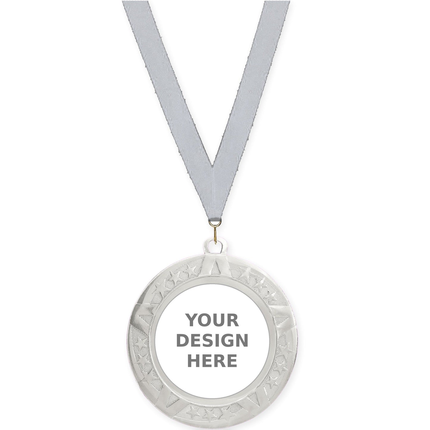 2 3/4 inch Superstar insert medal in silver with Silver Metallic neck ribbon