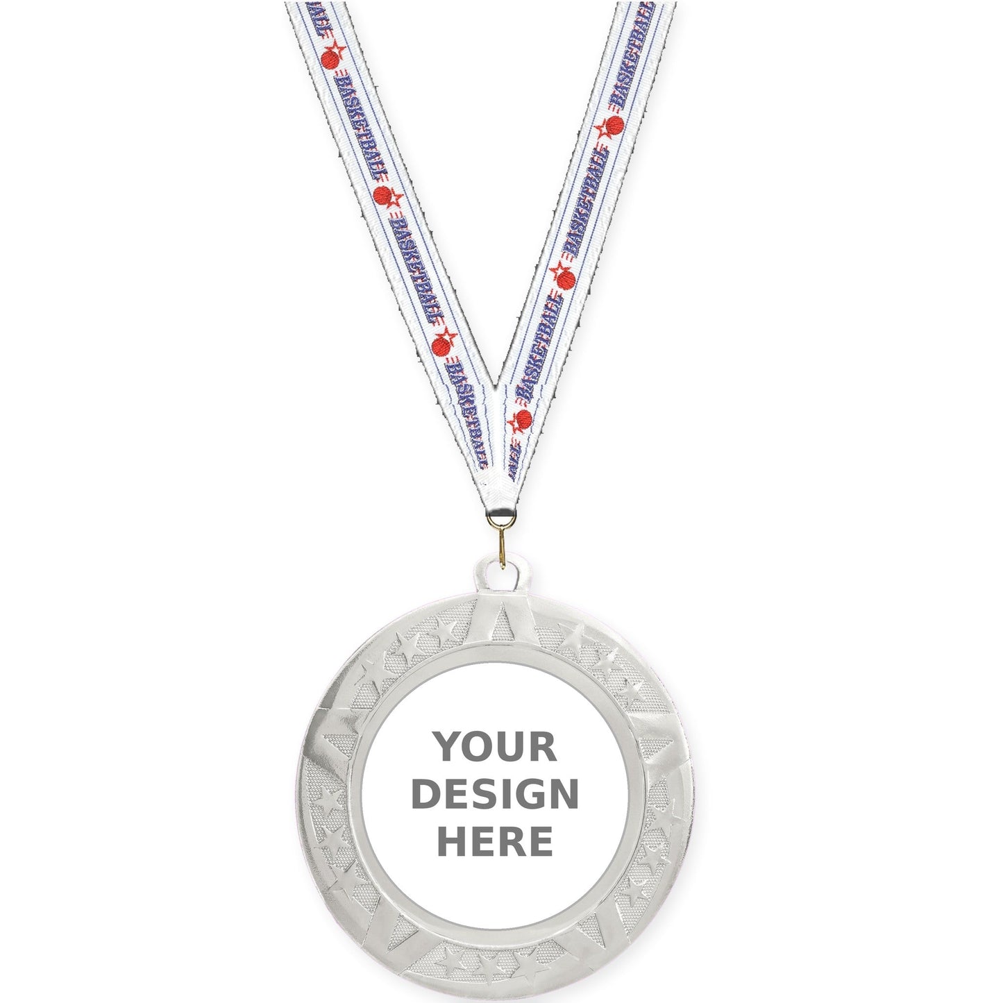 2 3/4 inch Superstar insert medal in silver with Basketball neck ribbon