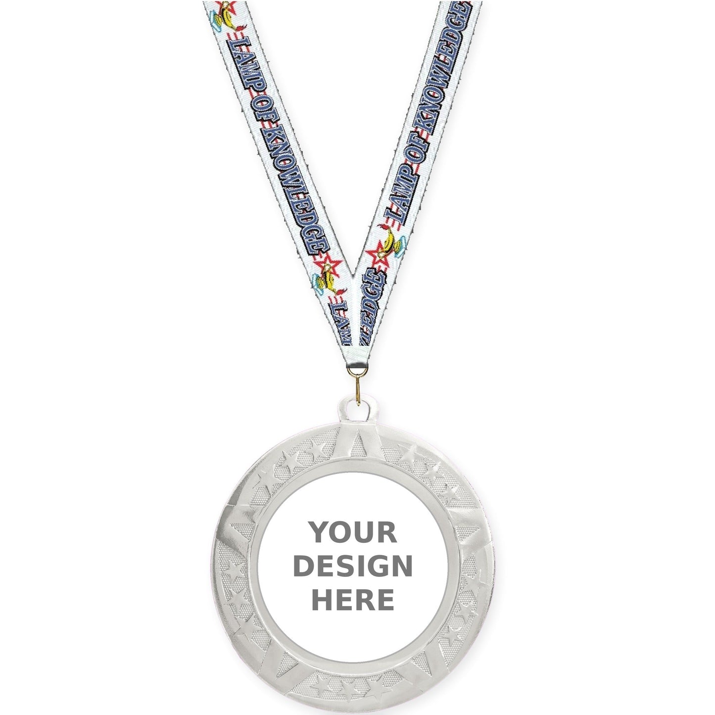 2 3/4 inch Superstar insert medal in silver with Lamp Of Knowledge neck ribbon