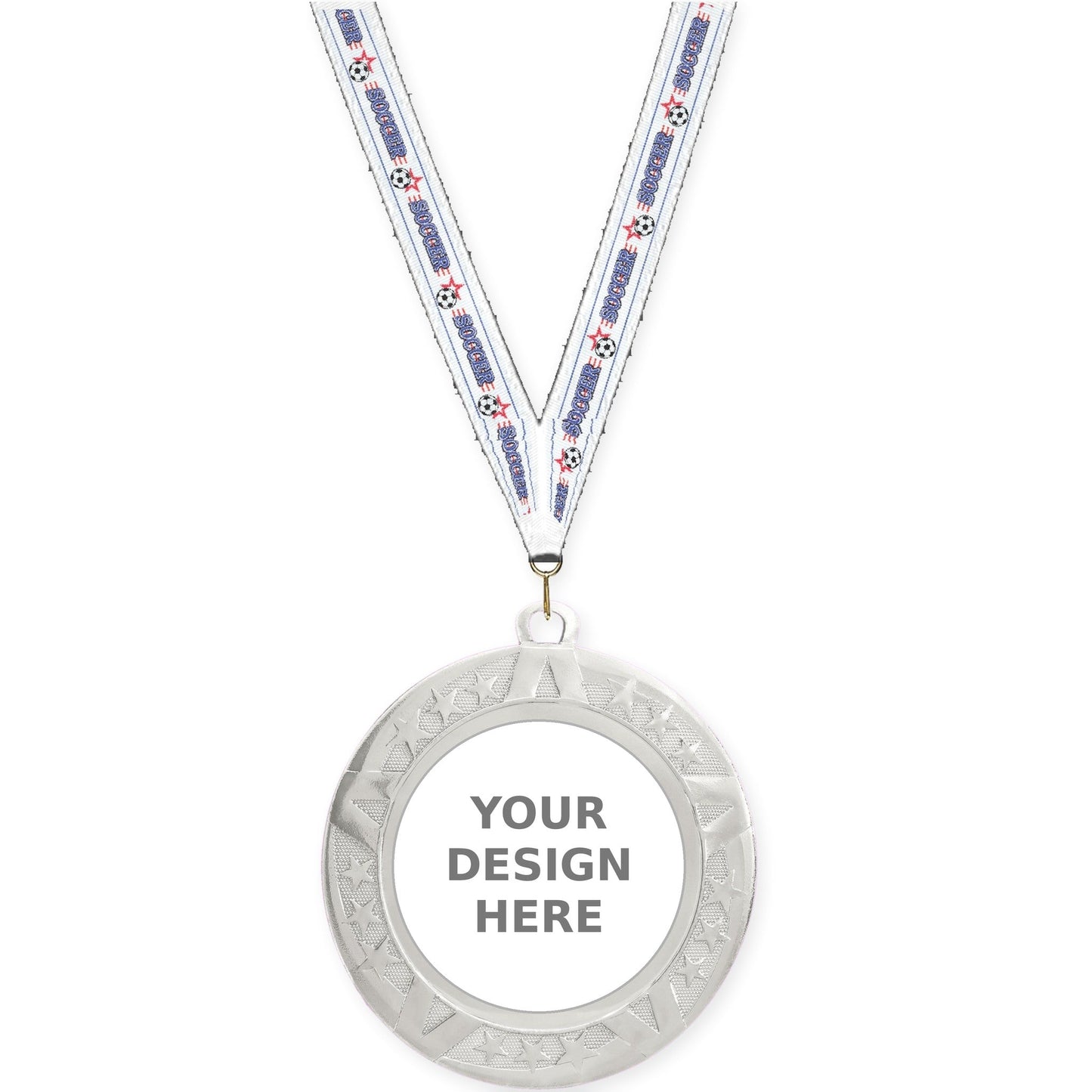 2 3/4 inch Superstar insert medal in silver with Soccer neck ribbon