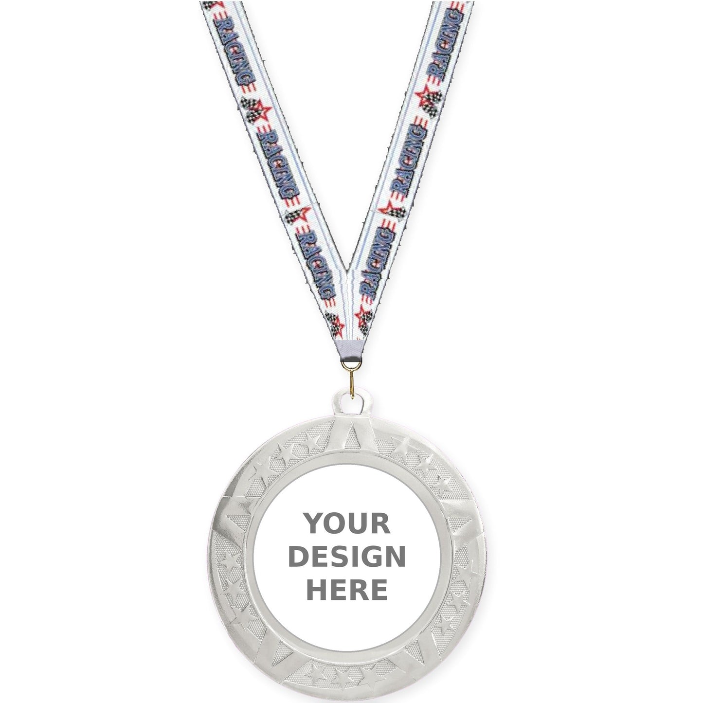 2 3/4 inch Superstar insert medal in silver with Auto Racing neck ribbon