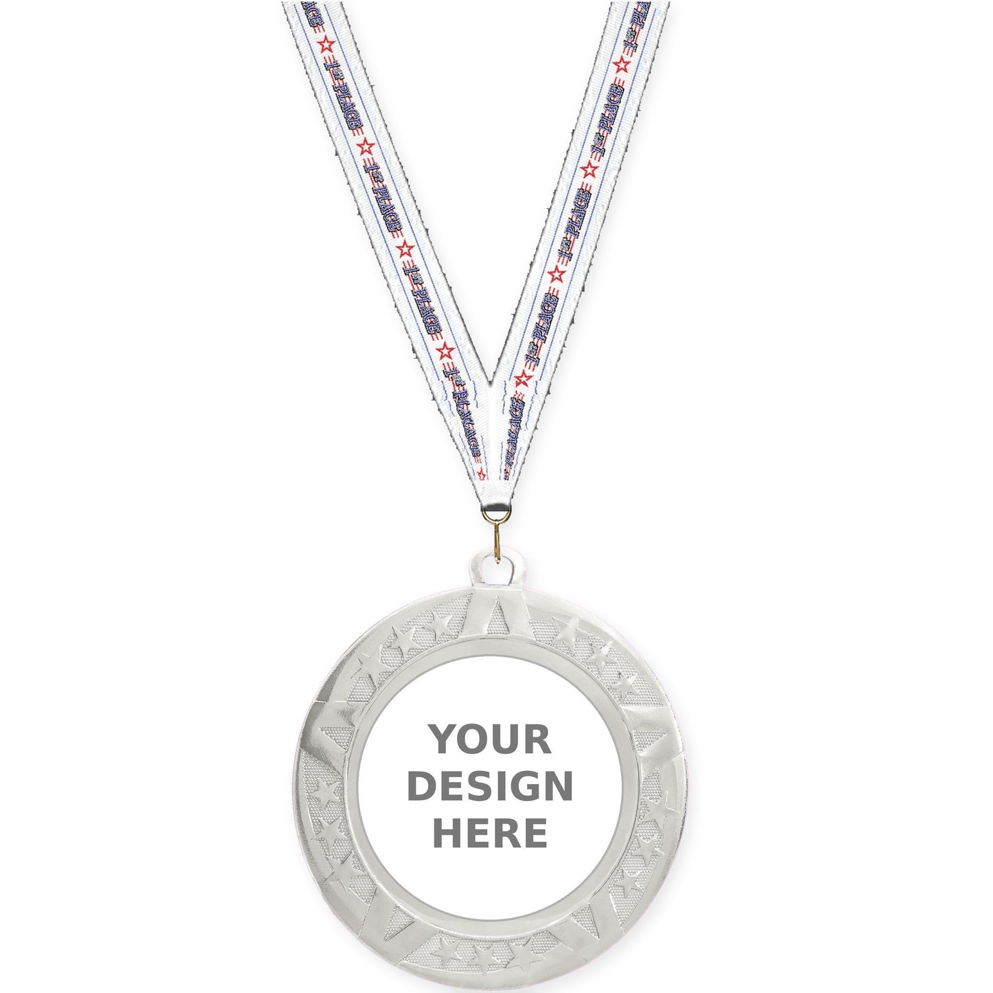 2 3/4 inch Superstar insert medal in silver with 1st Place neck ribbon