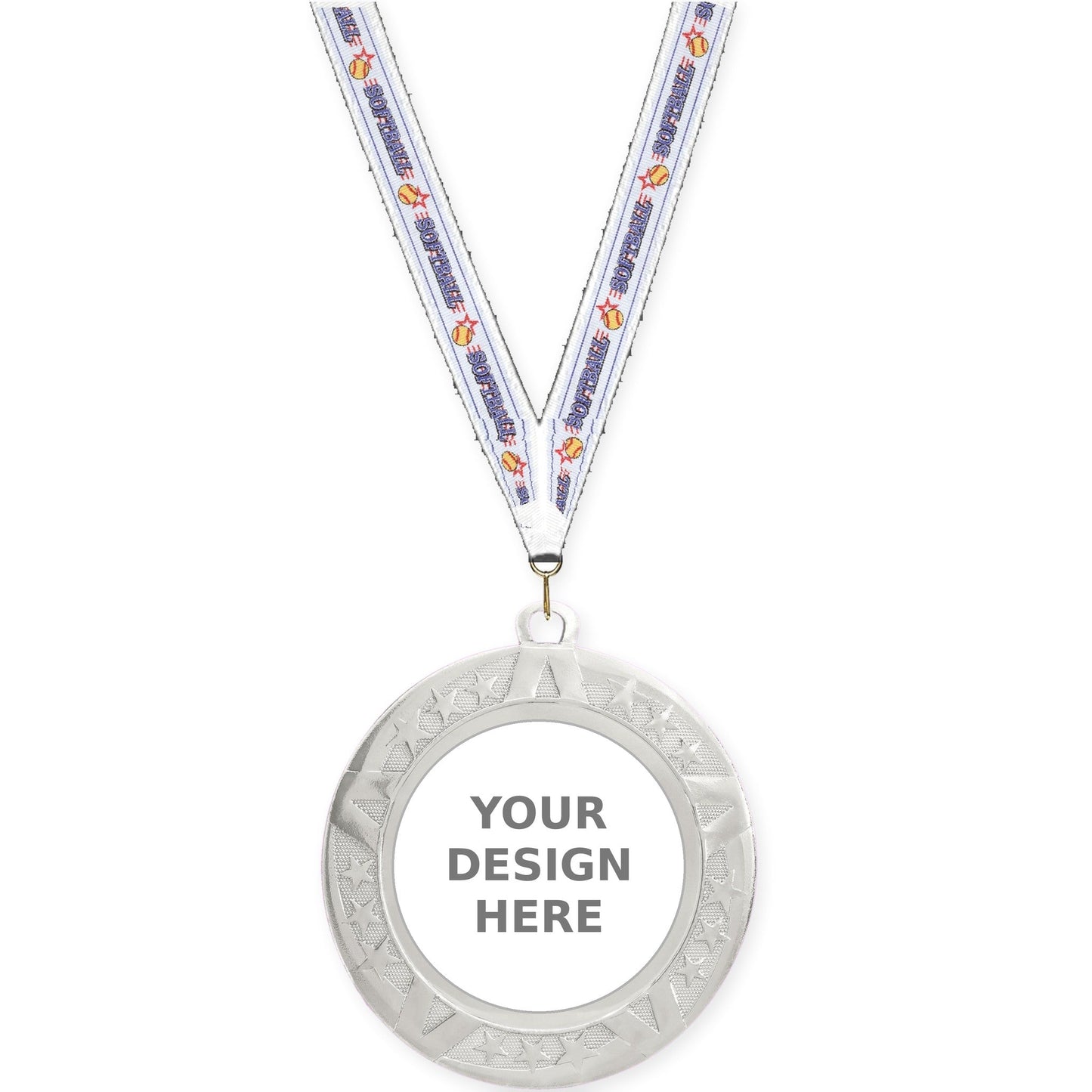 2 3/4 inch Superstar insert medal in silver with Softball neck ribbon