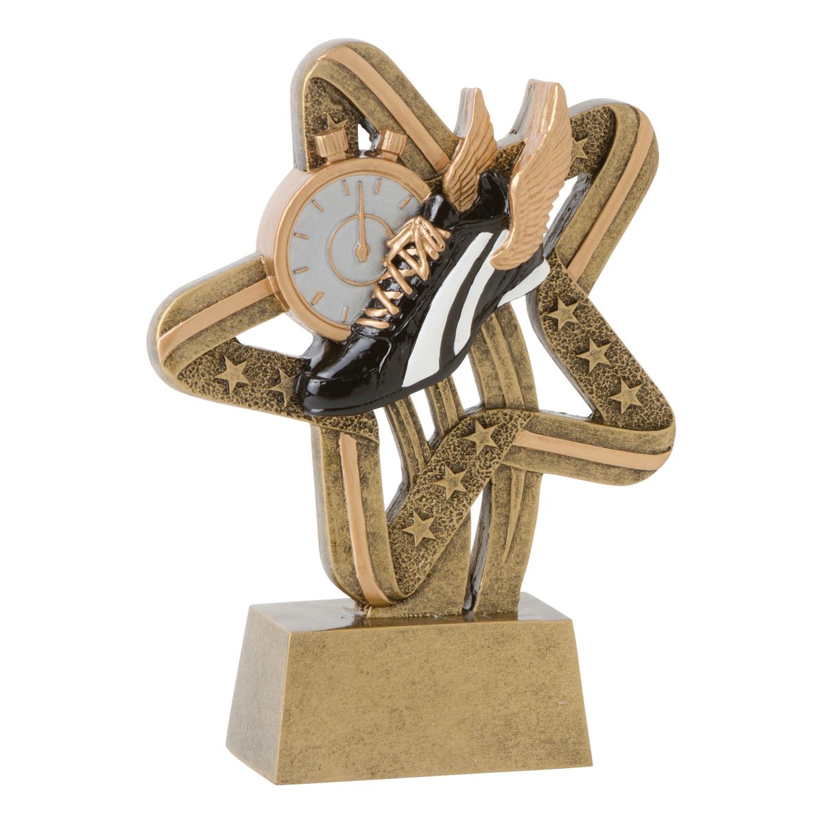 Stars and Stripes track trophy with a stopwatch and black track spike on a gold star swirl