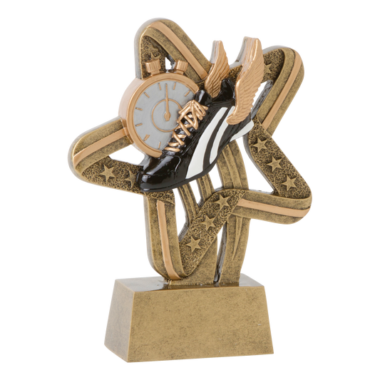 Stars and Stripes track trophy with a stopwatch and black track spike on a gold star swirl