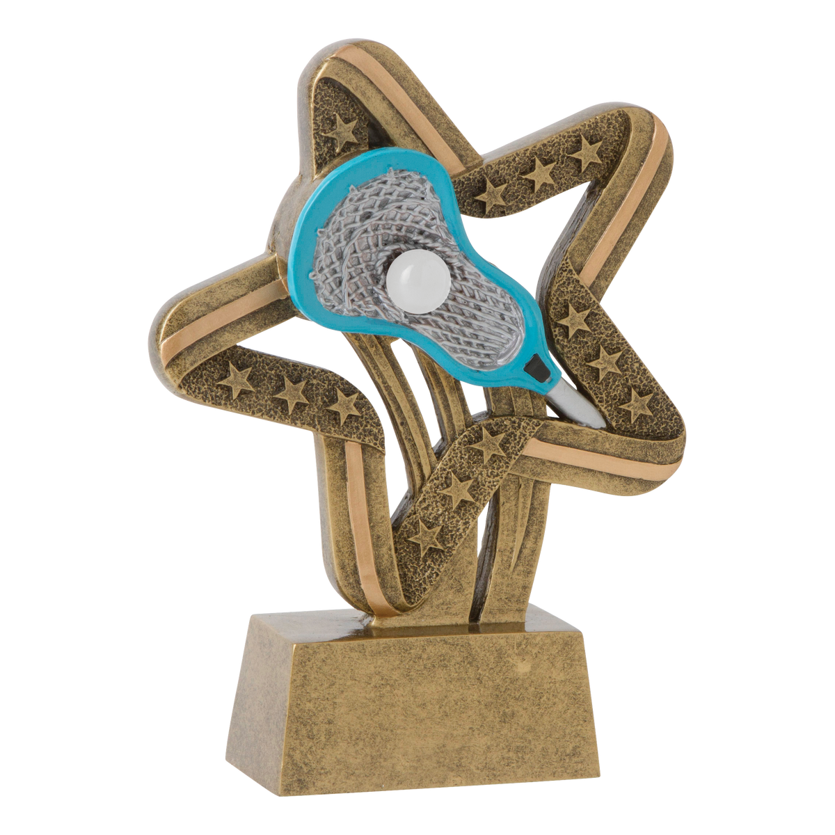 Stars and Stripes lacrosse trophy with a teal stick head and ball on a gold star swirl