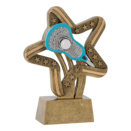 Stars and Stripes lacrosse trophy with a teal stick head and ball on a gold star swirl