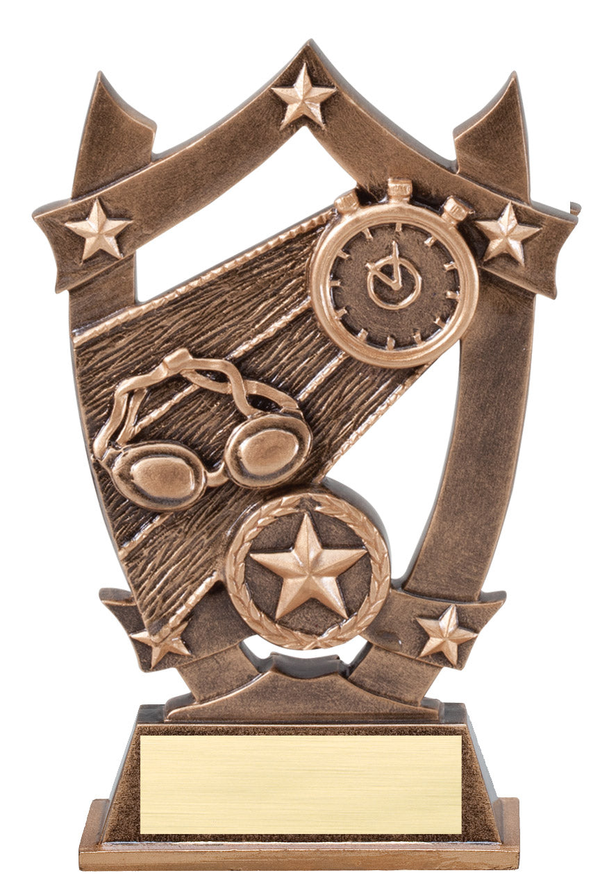 Swimming 3-D sport stars trophy with stopwatch, goggles and lane lines