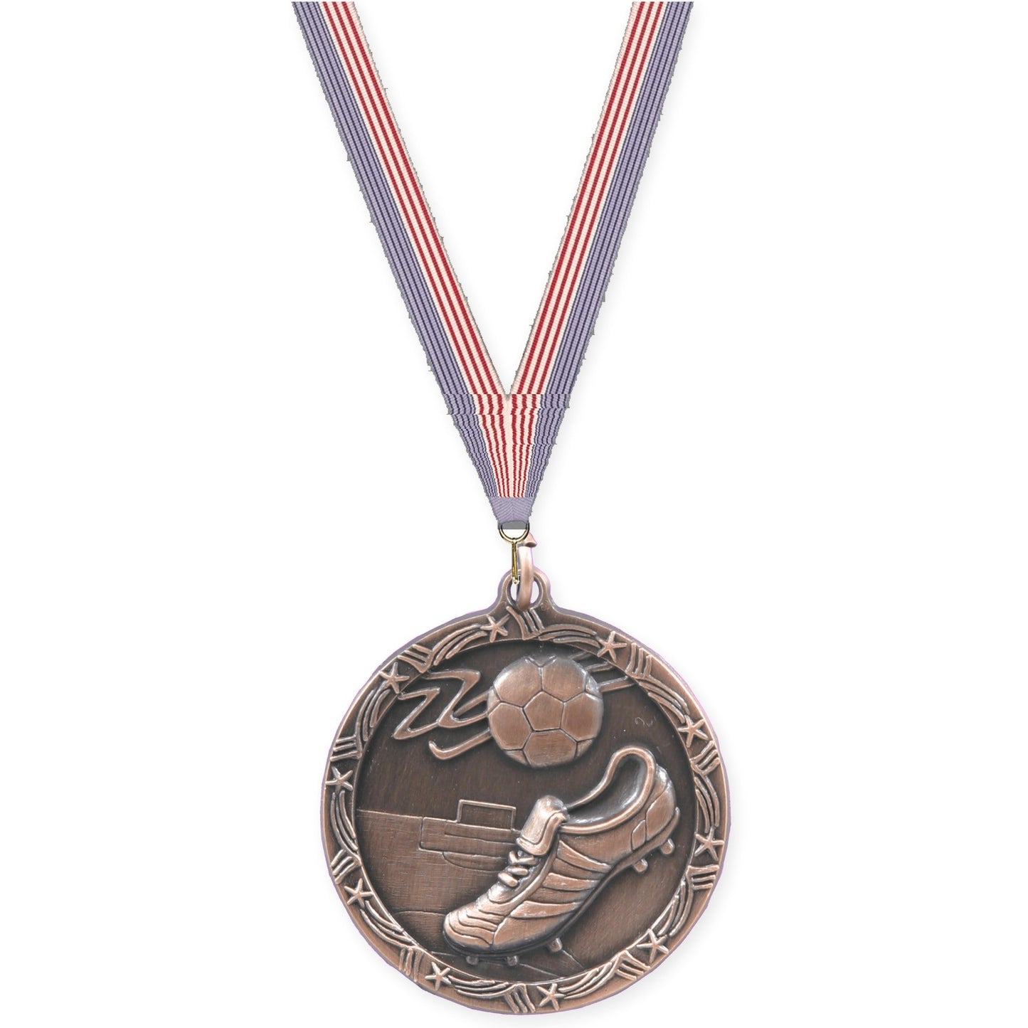 2 1/2 inch soccer Shooting Star medal in antique bronze with USA Flag neck ribbon