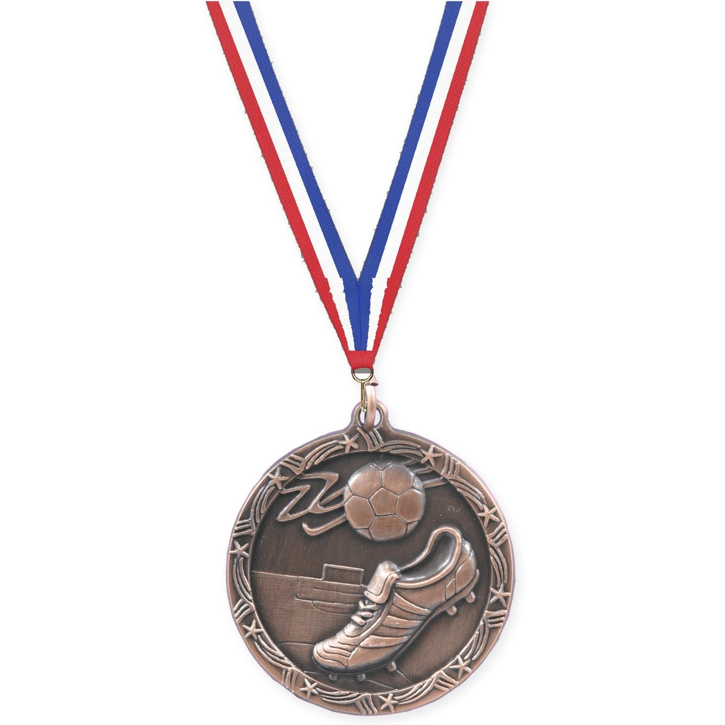 2 1/2 inch soccer Shooting Star medal in antique bronze with Red White Blue neck ribbon