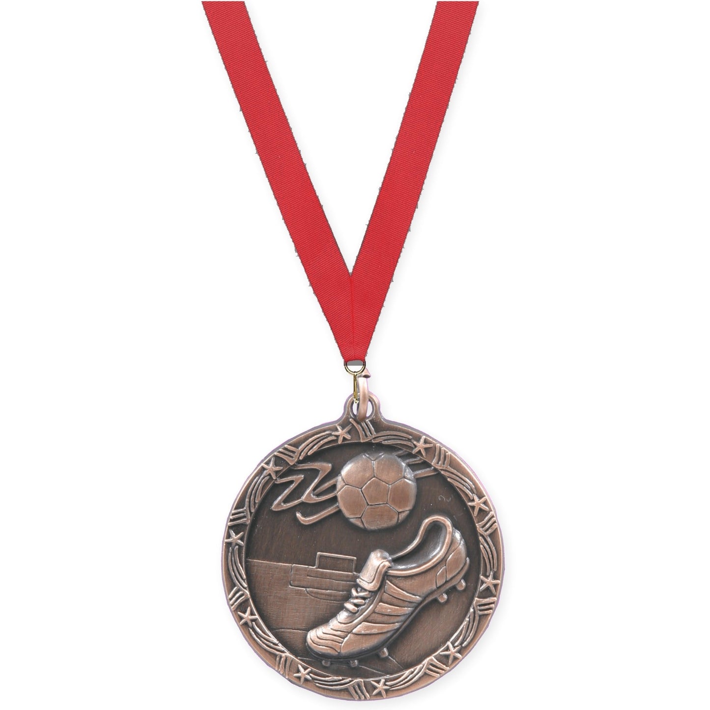 1 3/4 inch soccer Shooting Star medal in antique bronze with Red neck ribbon