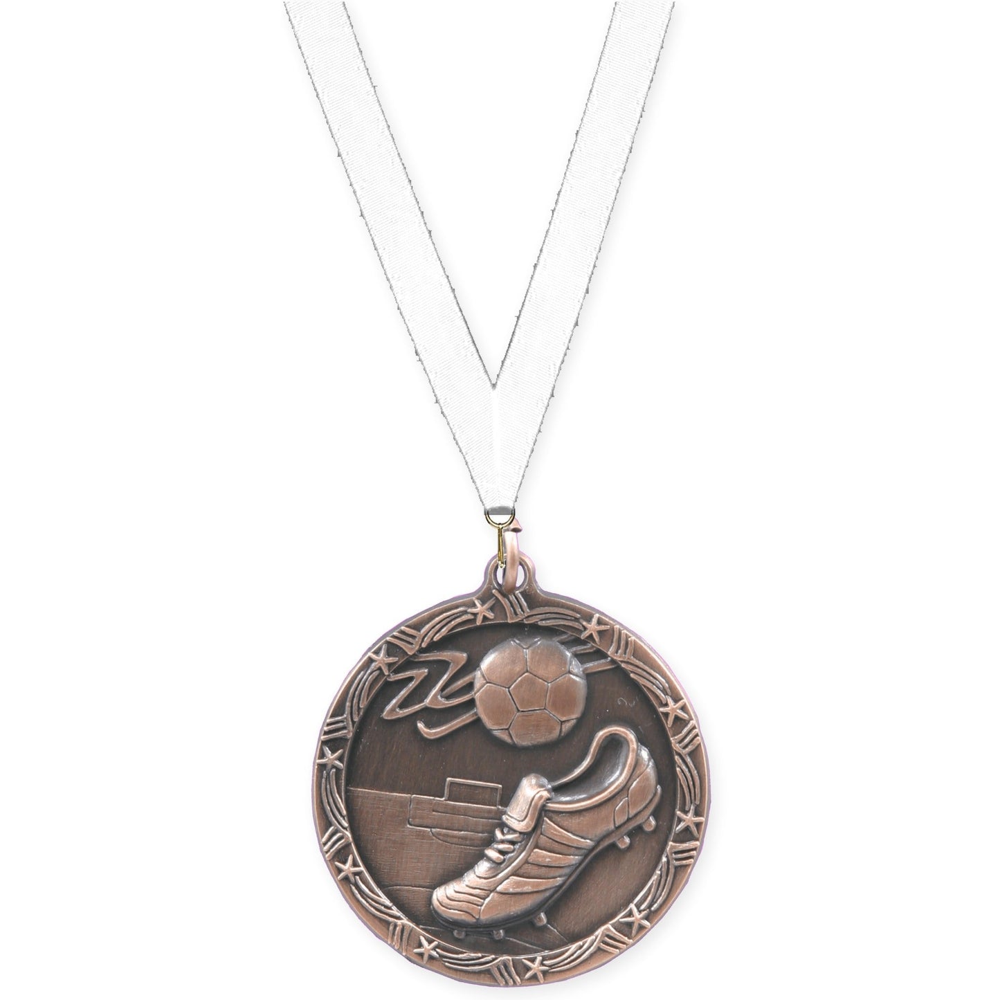2 1/2 inch soccer Shooting Star medal in antique bronze with White neck ribbon