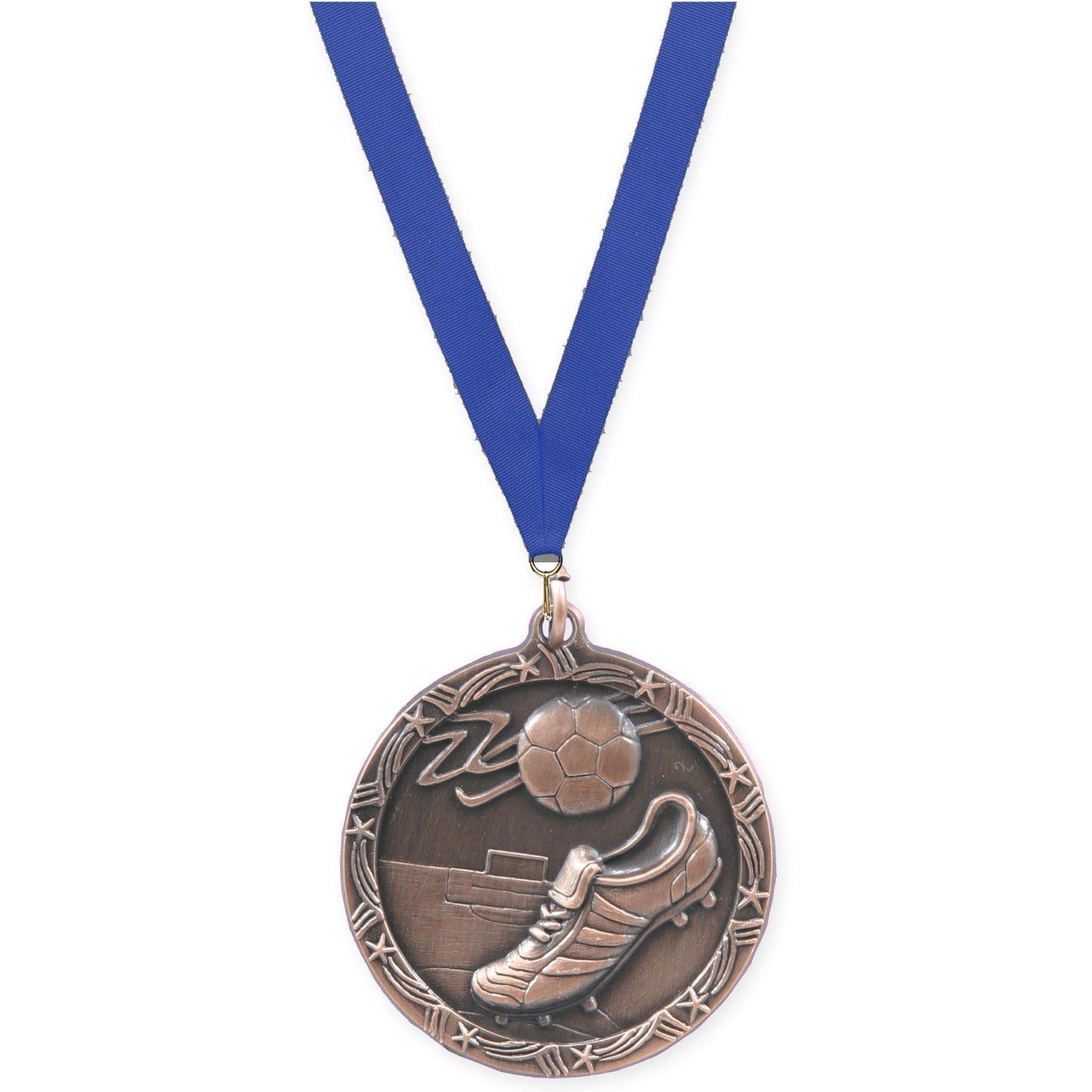 1 3/4 inch soccer Shooting Star medal in antique bronze with Blue neck ribbon