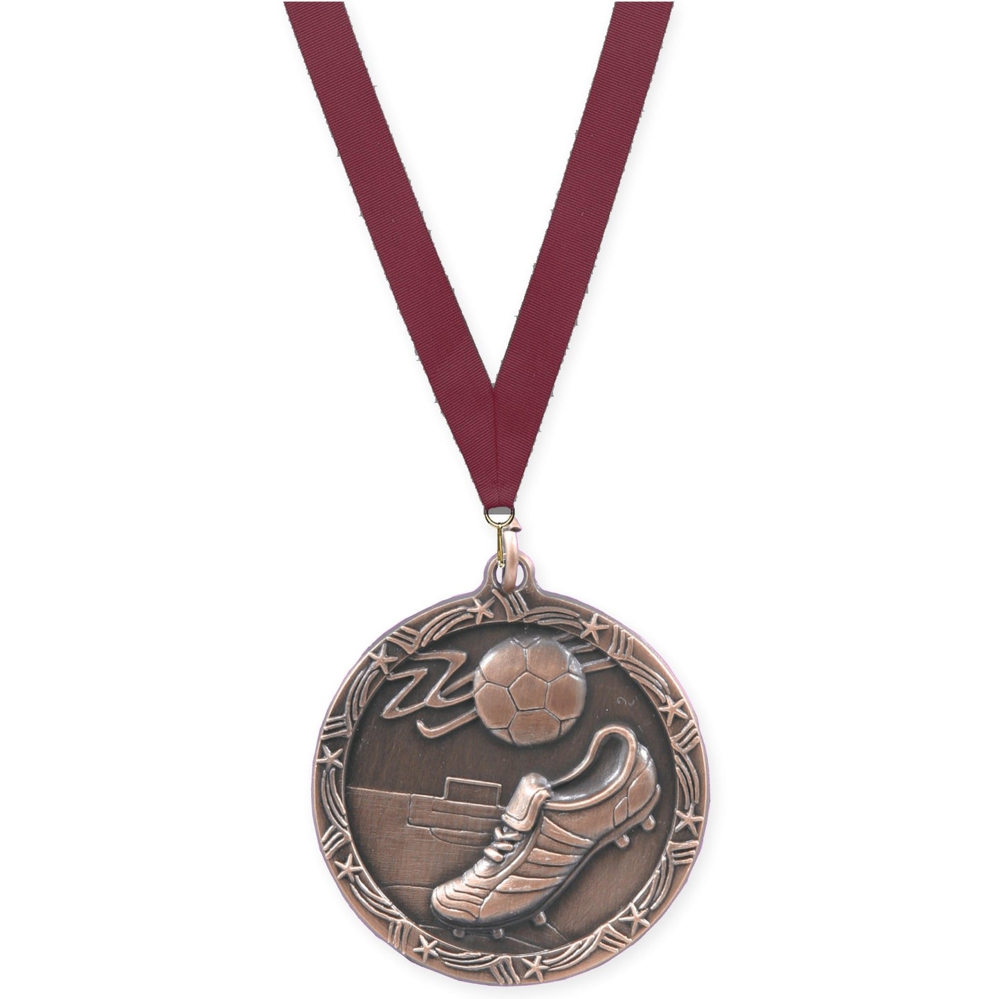1 3/4 inch soccer Shooting Star medal in antique bronze with Maroon neck ribbon