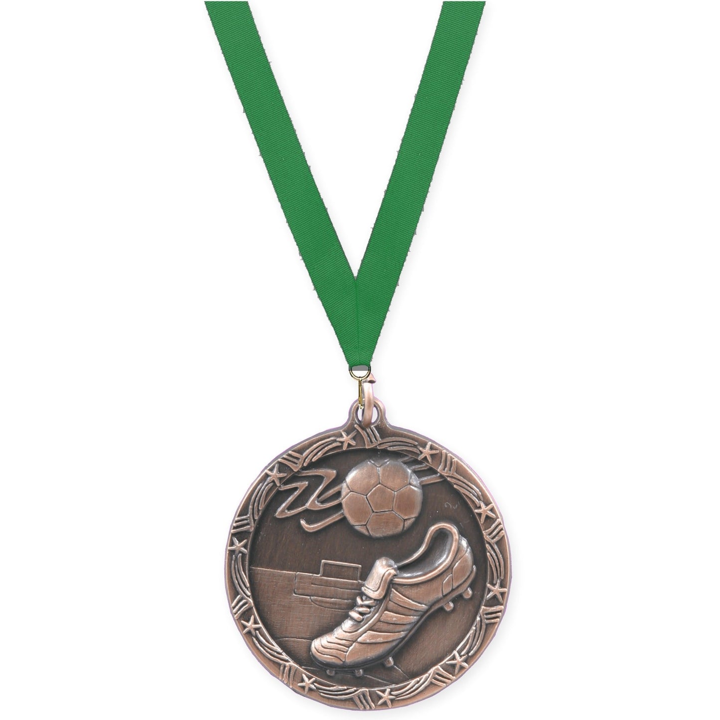 2 1/2 inch soccer Shooting Star medal in antique bronze with Green neck ribbon