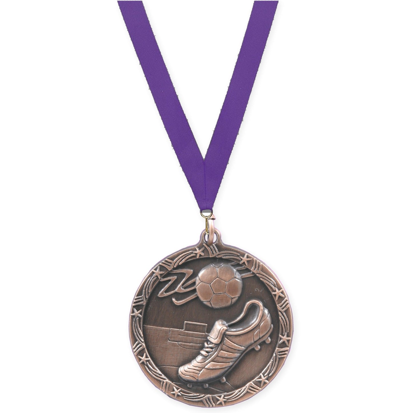 2 1/2 inch soccer Shooting Star medal in antique bronze with Purple neck ribbon