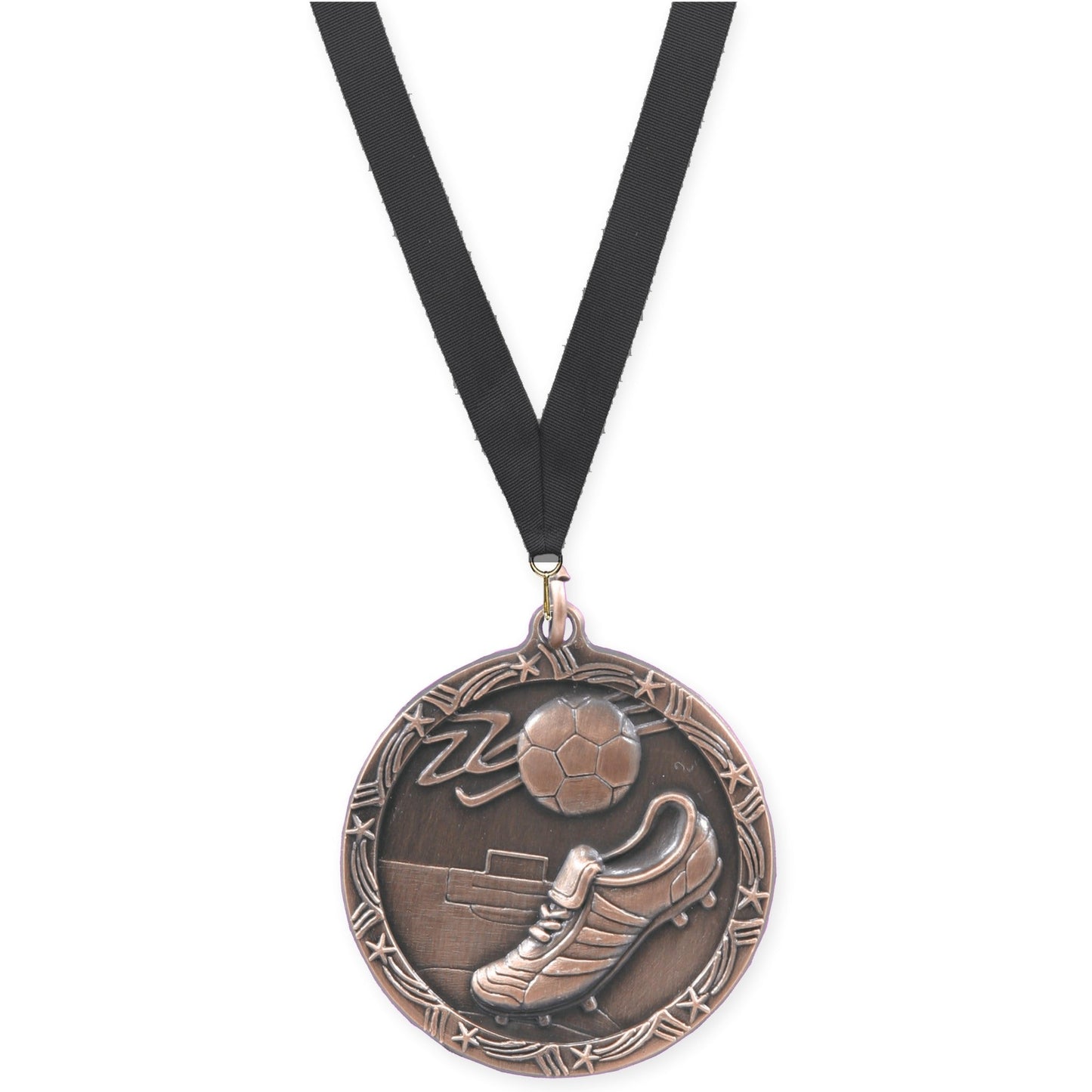1 3/4 inch soccer Shooting Star medal in antique bronze with Black neck ribbon
