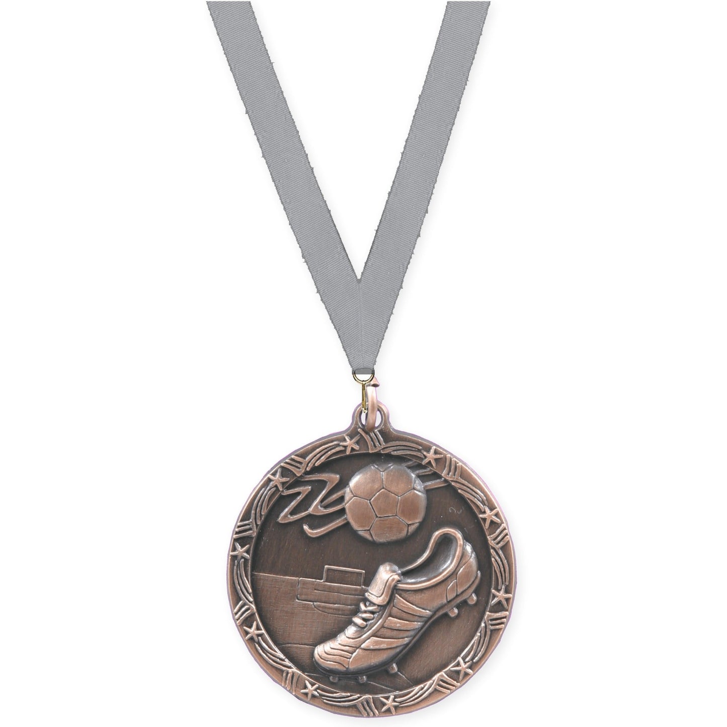 1 3/4 inch soccer Shooting Star medal in antique bronze with Gray neck ribbon