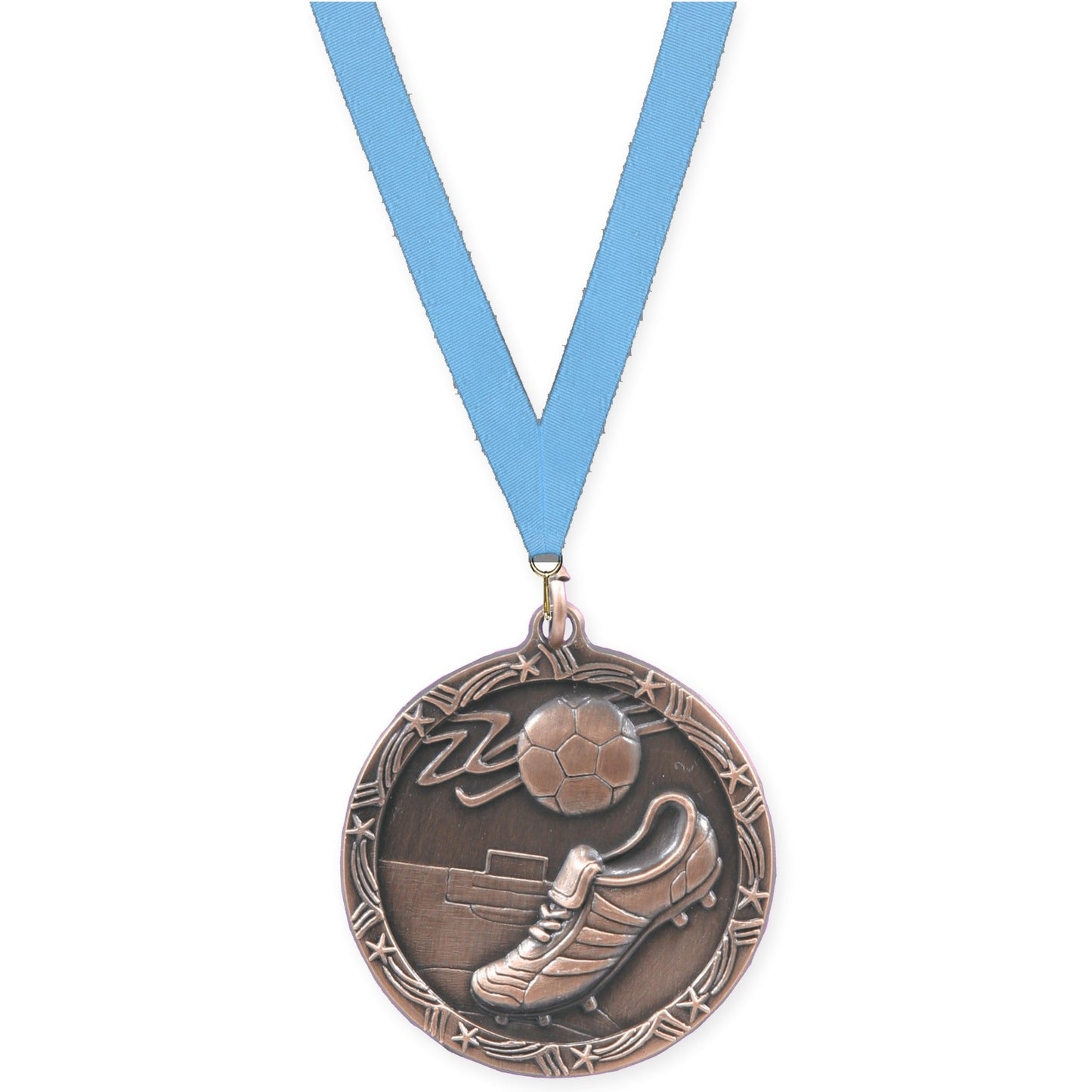 2 1/2 inch soccer Shooting Star medal in antique bronze with Light Blue neck ribbon