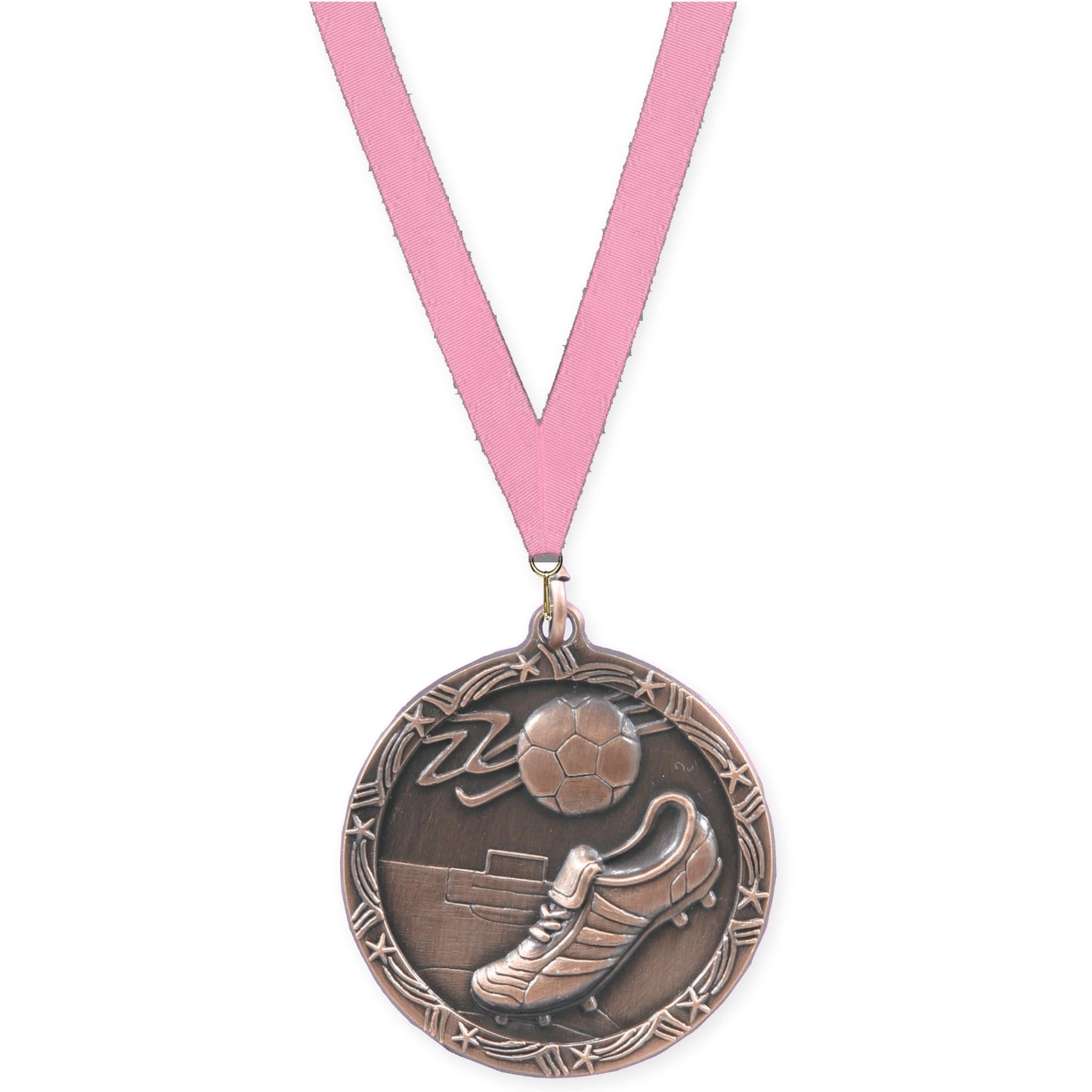 2 1/2 inch soccer Shooting Star medal in antique bronze with Pink neck ribbon