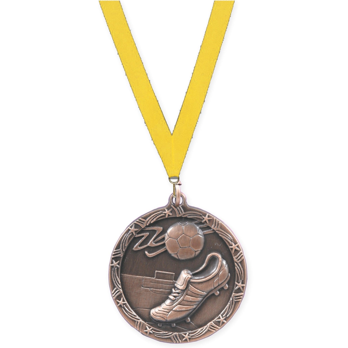 2 1/2 inch soccer Shooting Star medal in antique bronze with Yellow neck ribbon